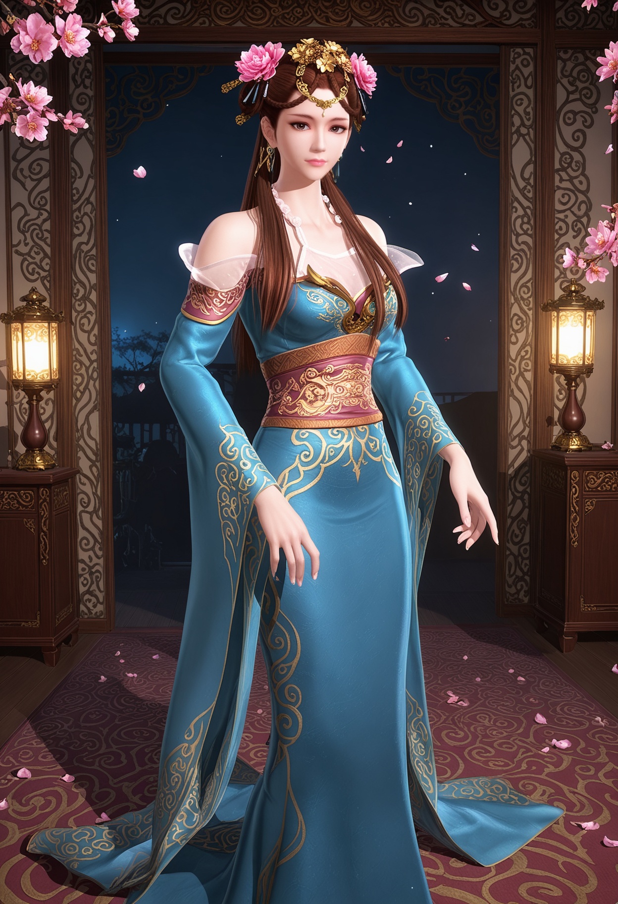 (full_body:1.2),(looking at viewer:1.1),masterpiece,(best quality),smog,Dark room,dim lighting,peach blossom,falling petals,<lora:YQ_Illustrious光辉v5_涟衣_V1:0.8>,q1528437228,1girl,solo,brown hair,hair ornament,jewelry,long hair,hair flower,earrings,brown eyes,dress,chinese clothes,braid,necklace,hair rings,sash,twintails,