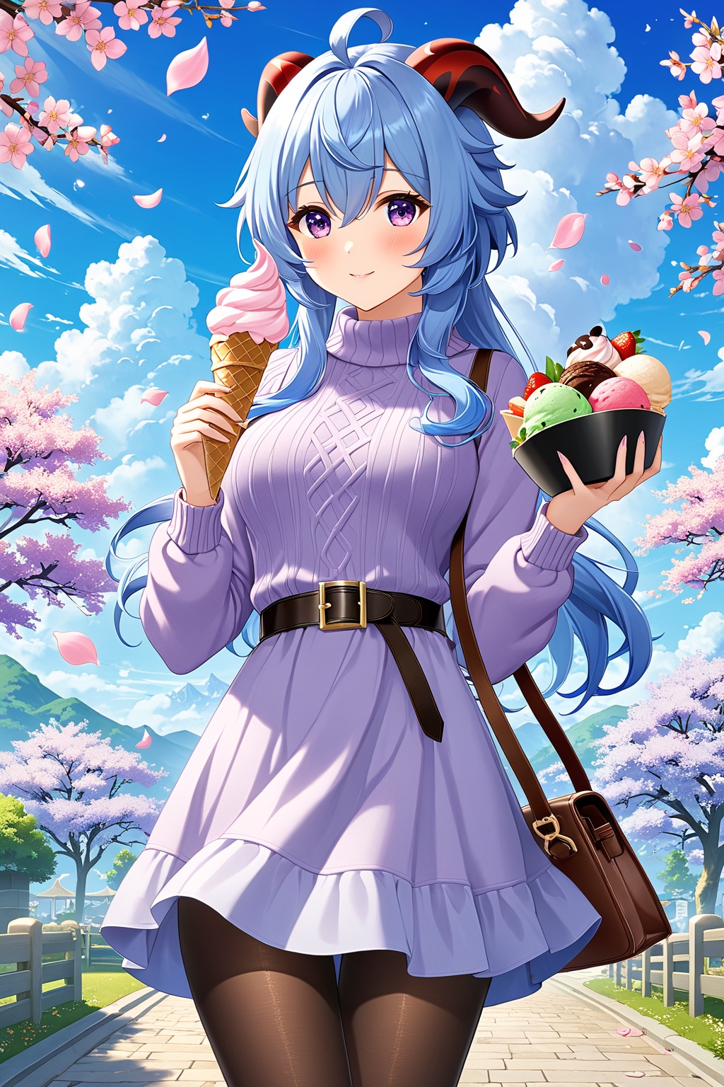 1girl, solo, long hair, breasts, looking at viewer, blush, bangs, long sleeves, dress, holding, hair between eyes, closed mouth, blue hair, purple eyes, flower, ahoge, pantyhose, sidelocks, outdoors, food, horns, sky, alternate costume, day, belt, cloud, bag, sweater, black pantyhose, petals, holding food, casual, handbag, ice cream, sweater dress, goat horns, falling petals, ice cream cone, purple sweater, ganyu \(genshin impact\)