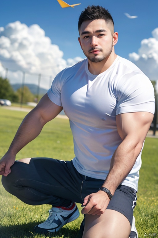 best quality,masterpiece,ultra high res,male focus,wearing shortsportswear,sneaker,pants,detailed background,game_cg,bara stocky,mature male,male fucus,(looking at viewer),thick thighs,muscular male,(plump:0.5),(still life photography),(Surrealist dream style),1 boy,blue sky and white clouds,paper airplane,flower,grass,river,take,short hair<lora:EMS-342200-EMS:0.900000>