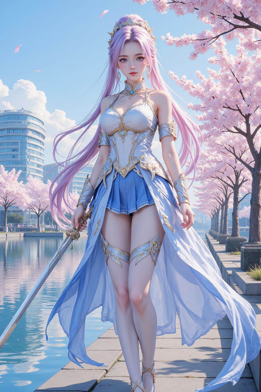 WM,ciyuanbi,hua,1qqq,This is a highly detailed, digital artwork depicting a young woman in a fantastical, anime-inspired setting. She has long, flowing, pastel-colored hair with pink, blue, and purple hues, styled into a high ponytail. Her skin is fair with a delicate, porcelain-**** texture. She has large, expressive eyes that are a striking blue, and her facial features are finely detailed with a subtle blush on her cheeks. She wears a complex, ornate outfit that combines elements of fantasy armor and ethereal elegance.The outfit includes a sleeveless, high-necked top with intricate gold and silver designs, a pleated blue skirt that flows out into a dramatic, flowing train, and thigh-high stockings with intricate patterns. Her footwear is a pair of blue high-heeled shoes with gold accents. She holds a long, slender sword in her right hand, with a delicate, almost ethereal blade, suggesting she might be a warrior or adventurer.The background features a serene, urban waterfront scene with a clear, calm body of water reflecting the sky and nearby buildings. The buildings are modern, with a mix of glass and steel, and adorned with cherry blossom trees in full bloom, adding a soft, pastel hue to the scene. The sky is a gradient of blue, with