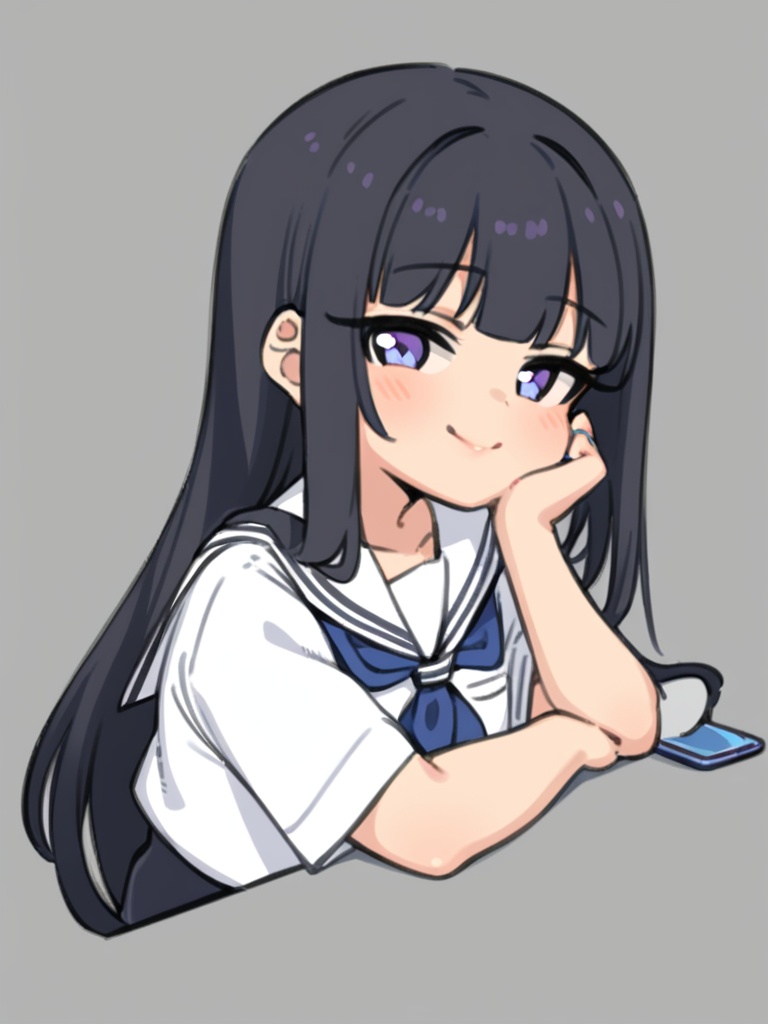 masterpiece, best quality, <lora:style578-a31-000020:1>, loli,1girl, solo, school uniform, holding, black hair, serafuku, simple background, looking at viewer, long hair, sailor collar, blue neckerchief, upper body, white background, holding pen, pen, short sleeves, neckerchief, purple eyes, closed mouth, bangs, smile, shirt, hand on own face, blue eyes, white shirt, phone, pencil, head rest, holding pencil, hand on own cheek, white sailor collar, cellphone, holding phone, cropped torso, mechanical pencil, uniform