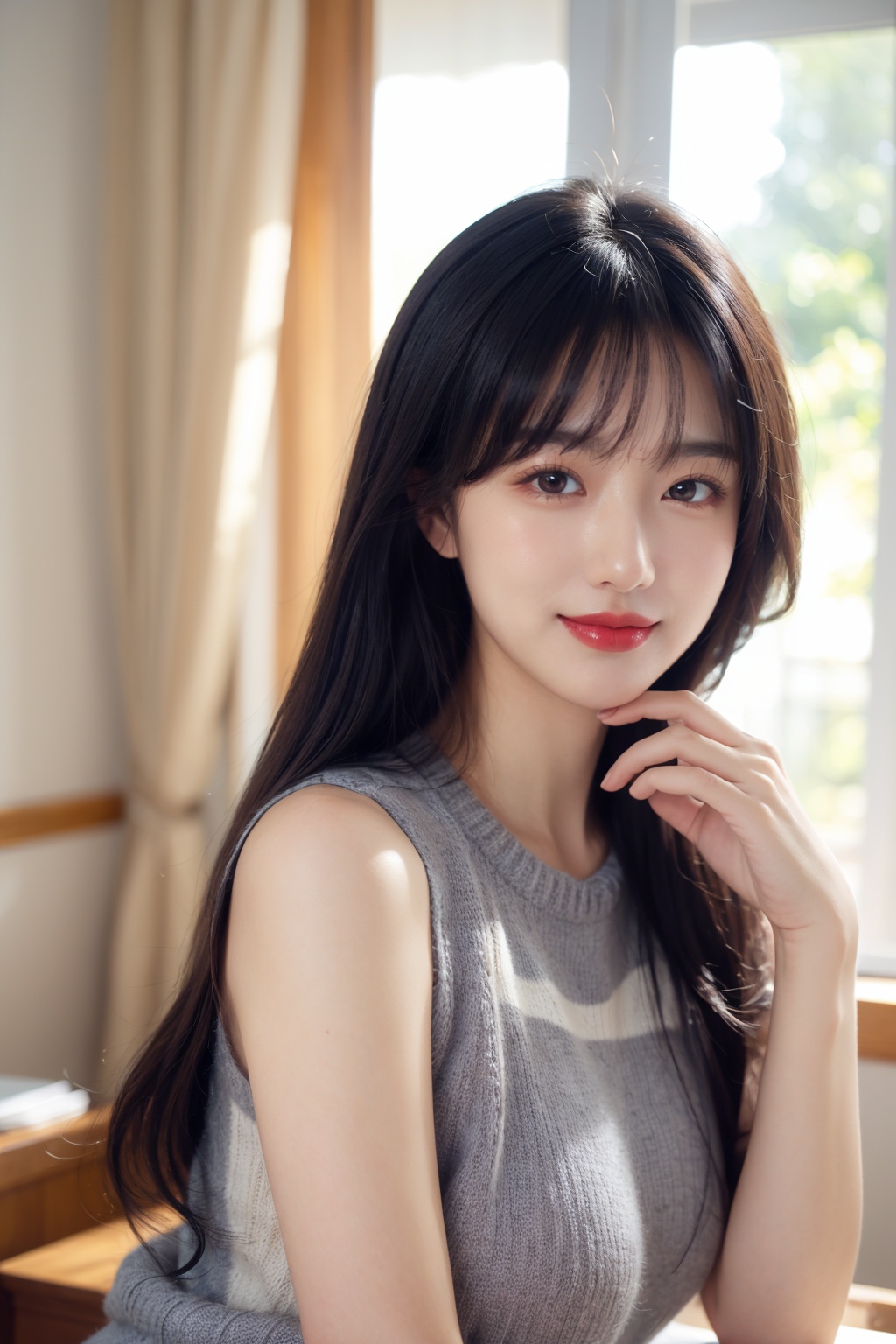 1girl, black hair, breasts, brown eyes, curtains, indoors, lips, lipstick, long hair, looking at viewer, makeup, blue,sweater, sleeveless, smile, solo, sweater, upper body 