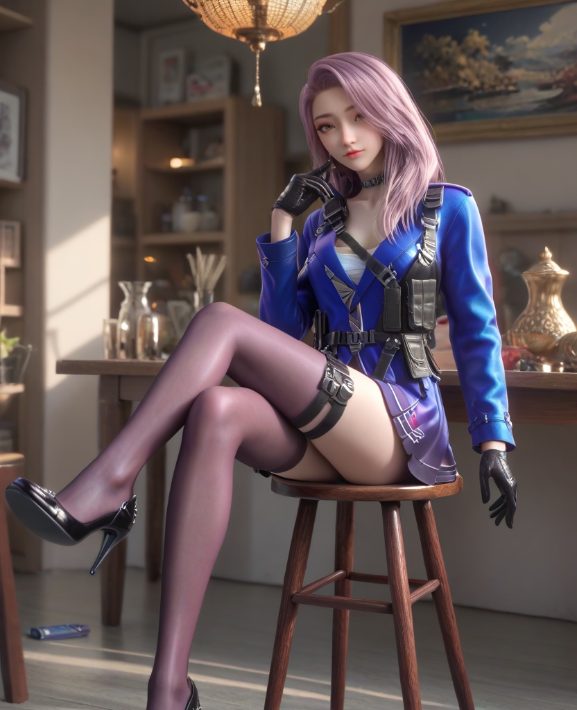 (oriental architecture, elegant decor, sophisticated style:1.1),(Sitting on a stool, legs crossed, with an artist's palette and brush, immersed in creativity,:1.1),(breasts:1.2),<lora:XL16穿越火线云悠悠保卫者:0.95>,miss yunyouyou,blue jacket,purple overskirt,brown eyes,pink hair,long hair,earrings,jewelry,black choker,belt,black gloves,thigh holstered,mauve thighhighs,black heels,, score_9,score_8_up,score_7_up,score_6_up,score_5_up,score_4_up,3d rendering,tag1,tag2, Cinematic Lighting,backlighting,, zPDXL3, zPDXL2,zPDXL, zPDXLxxx, zPDXLrl,