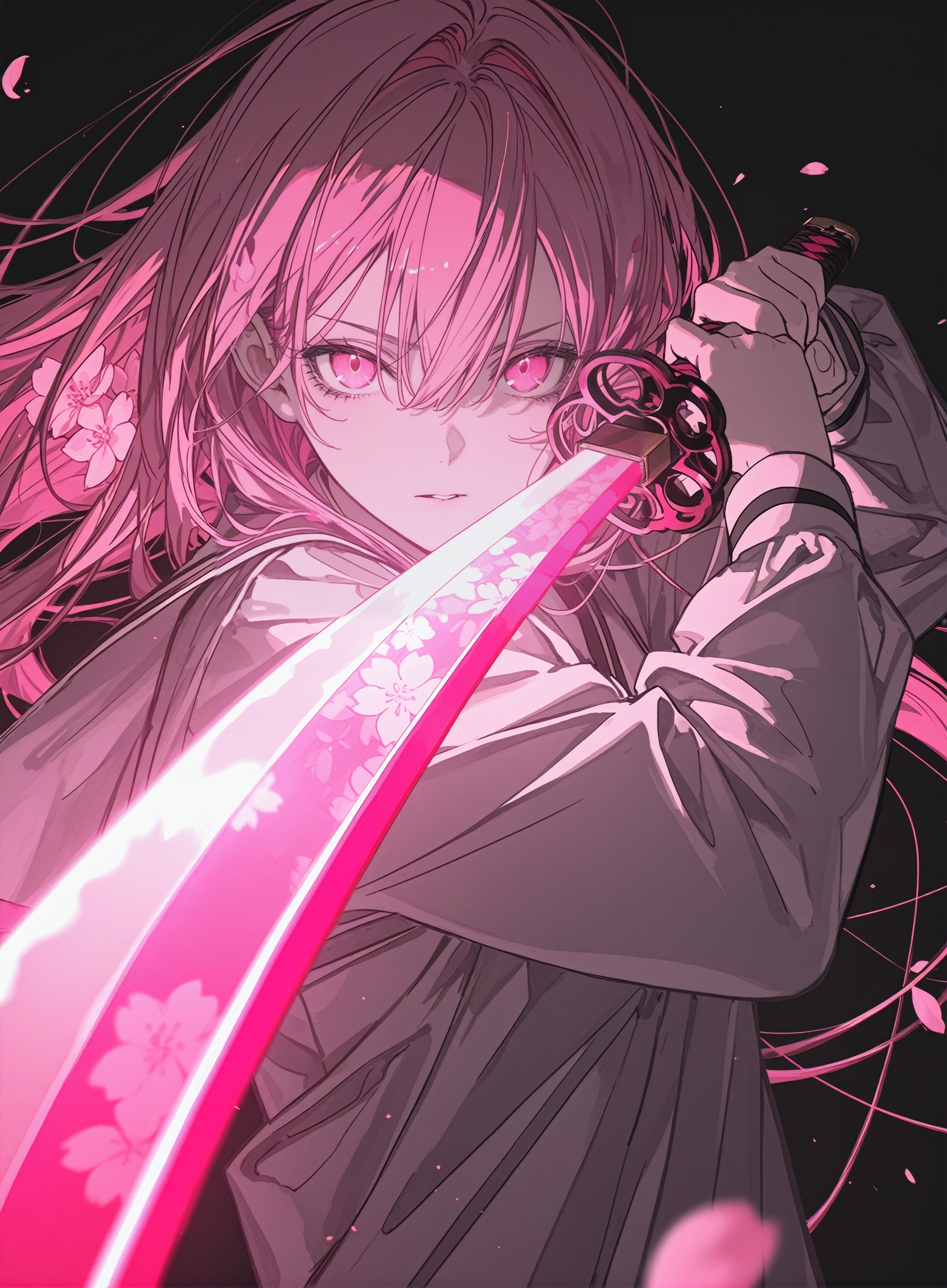 rtist:miv4t,(artist:yoneyama mai:0.8),(artlist:betabeet:0.8),(artist:rella:0.6),(artist:wanke:0.6),(artist:xilmo:0.6),masterpiece,best quality,amazing quality,newest,solo,1girl,vr4_zk4r1,masterpiece,best quality,good quality,newest,highres,absurdres,1girl,weapon,sword,solo,holding weapon,holding sword,long hair,holding,looking at viewer,pink eyes,hair between eyes,flower,spot color,monochrome,petals,cherry blossoms,pink flower,pink theme,upper body,black background,katana,long sleeves,foreshortening,extreme close-up,glowing weapon,ambient occlusion,foreshortening,blurry foreground,blurry edges,blurry,