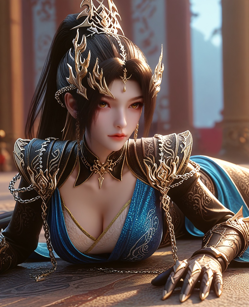 (oriental architecture, elegant decor, sophisticated style:1.1),(lying, On her stomach, head resting on her hands,:1.1),Full shot,(large breasts:1.2),<lora:XL16云深不知梦羲和融合玄凤:0.95>,miss xihe,black wrap coat with blue overdress,shoulder armor,brown eyes,black hair,very long hair,ponytail,hair ornament,jewelry,chain ornament,gauntlets,sash,blue to white ombre base skirt,cape,, score_9,score_8_up,score_7_up,score_6_up,score_5_up,score_4_up,3d rendering,tag1,tag2, Cinematic Lighting,backlighting,