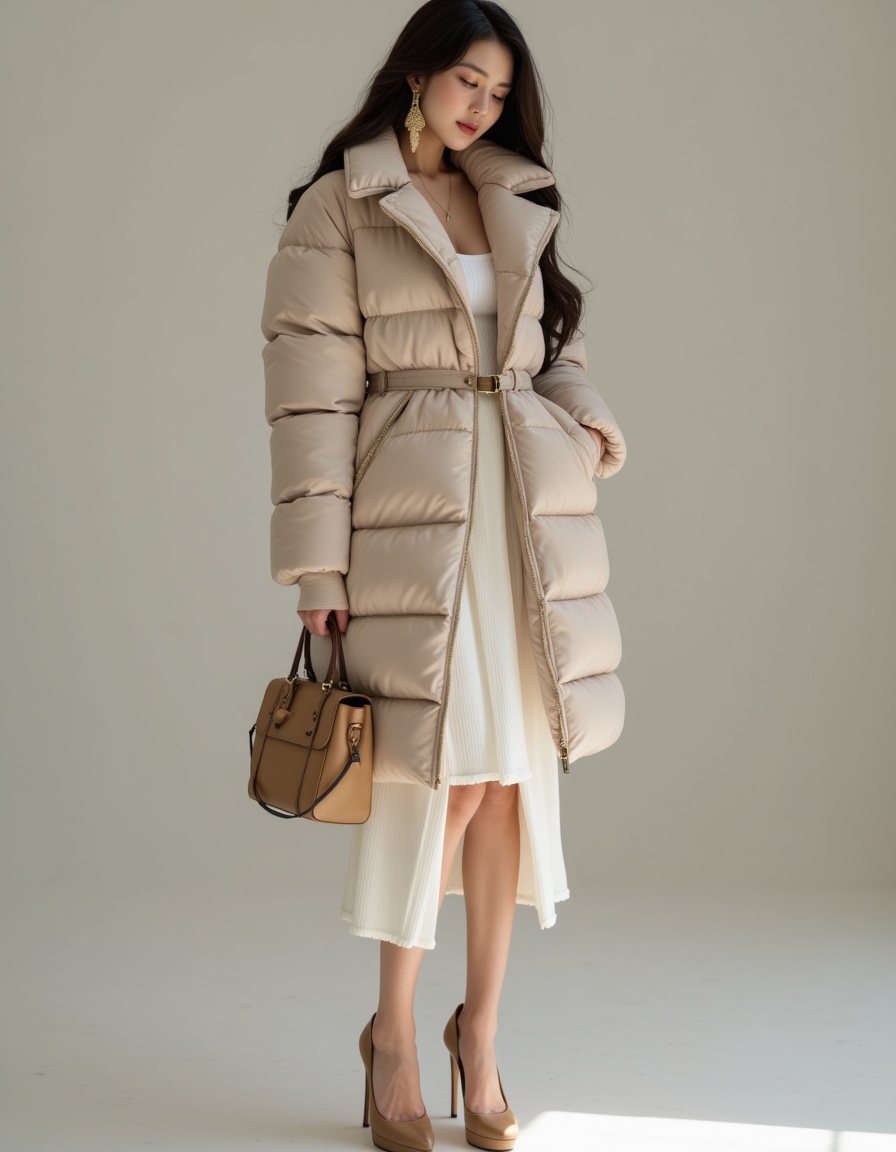 a real picture of a south korea woman,In beige Oversized down coat matching high_heels,cleavage,