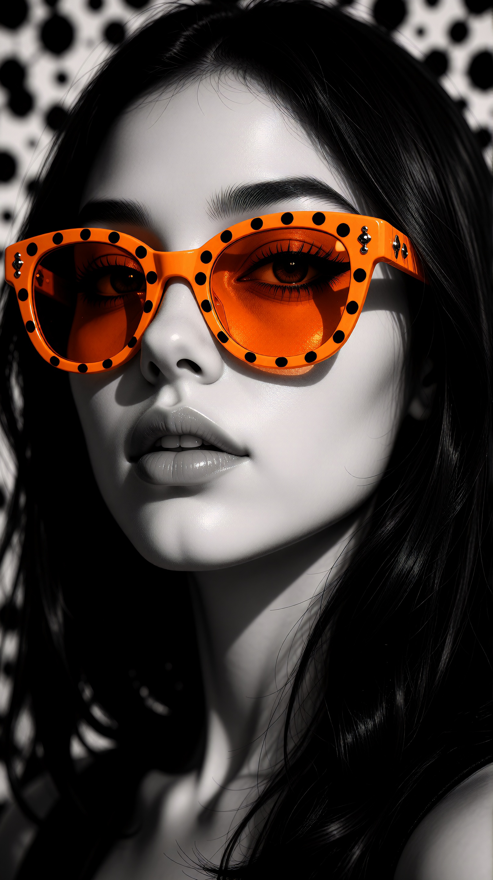 A striking black and white photograph of a ***** woman wearing bold orange sunglasses with polka dots. the woman,  who app...