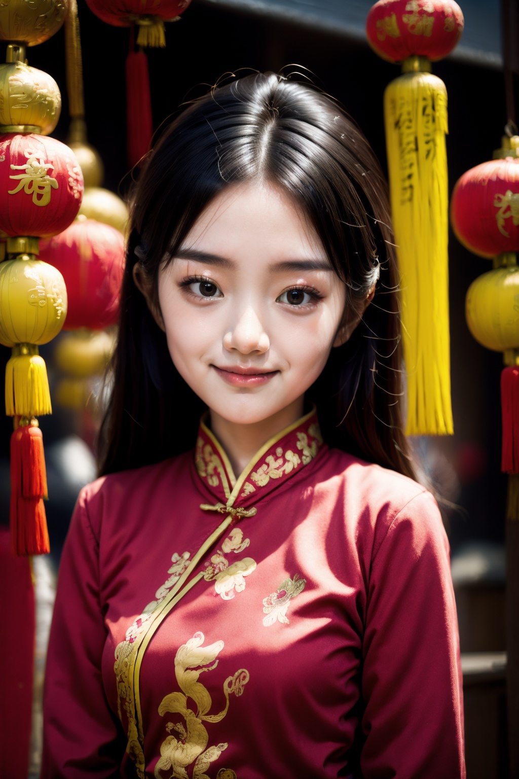 <lora:ChineseNewYear:0.9>, chinese new year, girl, smirk,