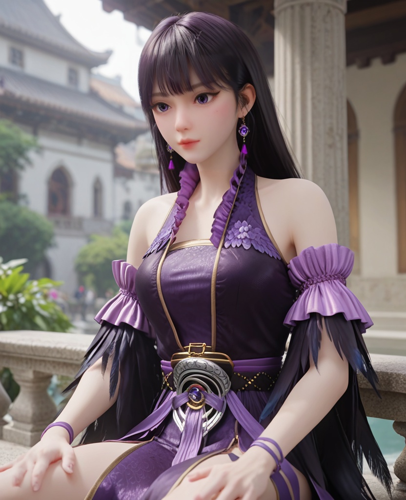 (oriental architecture, elegant decor, sophisticated style:1.1),(Sitting on a ledge, legs dangling, looking down,:1.1),(breasts:1.2),<lora:XL修罗武神大蛋蛋:0.95>,miss dandan,black dress,belt,purple frills,bare shoulders,black hair,bangs,long hair,earrings,detached sleeves,feather trim,pelvic curtain,feathers fart curtain with purple petticoat underneath,bracelet,, score_9,score_8_up,score_7_up,score_6_up,score_5_up,score_4_up,3d rendering,tag1,tag2, Cinematic Lighting,backlighting,