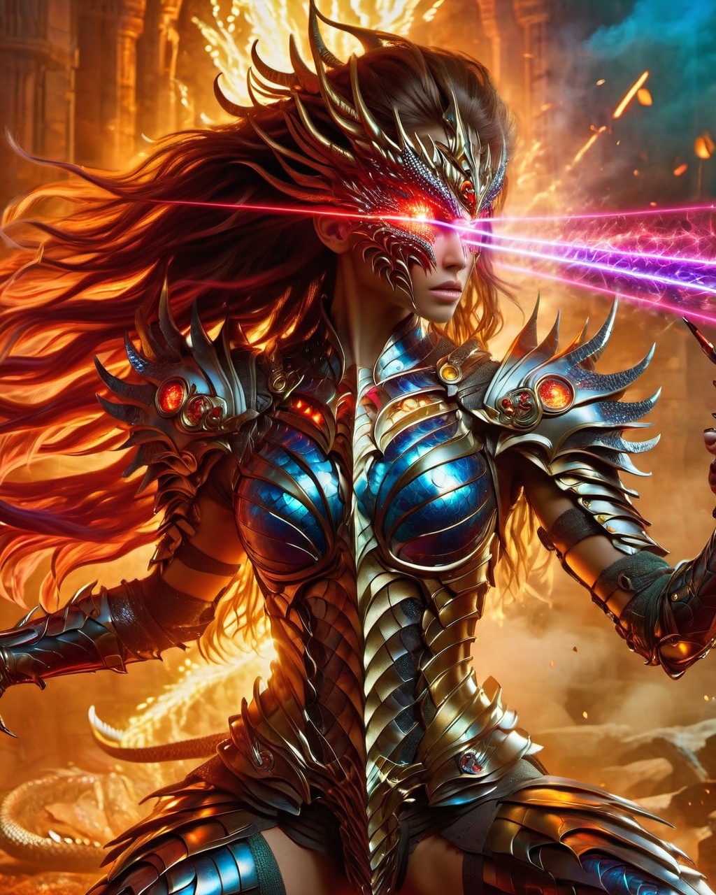 gmlm, 1 girl, half-body, wearing dragon scale battle armor, (multicolored laser eyes:1.3), emitting colorful beams from both eyes, determined gaze, (flowing long hair:1.2), intricate hairstyle, (fierce makeup:1.1), strong and confident posture, (athletic build:1.1), (powerful arms:1.2), (dragon scale armor:1.3), (fiery background:1.2), epic battlefield setting, intense atmosphere.<lora:gmlmSDXL-000014:0.9>