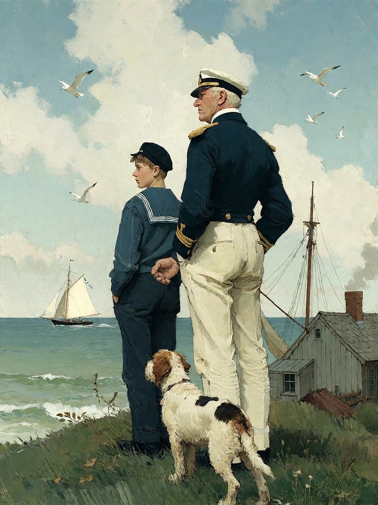 Bradhamel art style.The image captures a serene,  nostalgic maritime scene rendered in the style of 19th-century American...