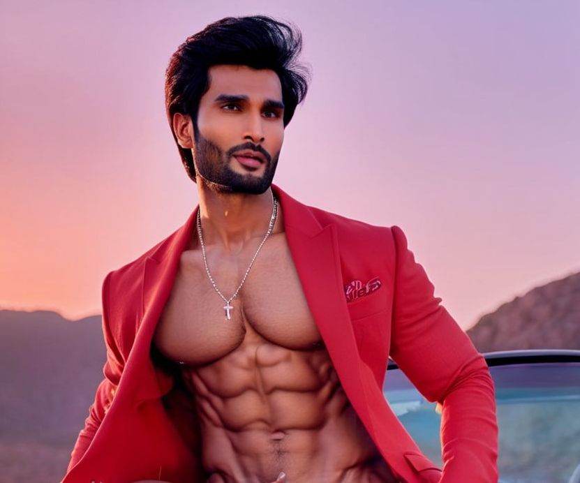 Sendhil Ramamurthy a man sitting on red car. Full body. muscular. Erotic. Sexy. ,  penis. warm light. sunset. Opened shirt...