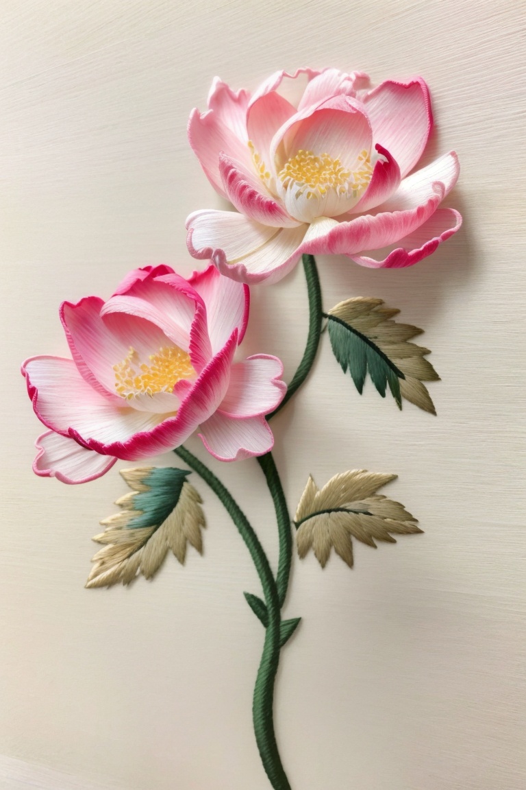 ((HRD, HUD, 8K)),((masterpiece, best quality)), highly detailed,Embroidery, no humans, still life, flower, blurry, signature, pink flower, depth of field, leaf, blurry background, realistic, <lora:20240520-1716211516835:0.9>