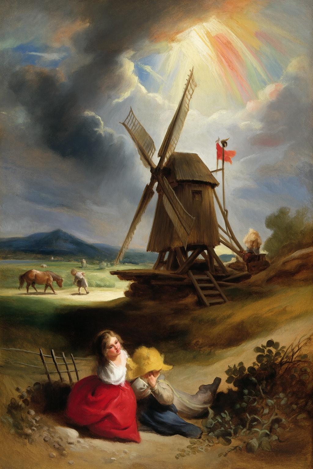 In the style of Peter Paul Rubens,  a landscape with a windmill and a rainbow,  rolling Flemish hills on Tensor.Art