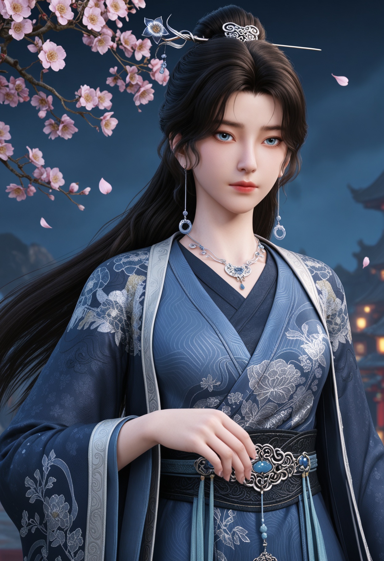 (upper_body:1.2),(looking at viewer:1.1),masterpiece,(best quality),smog,Dark room,dim lighting,peach blossom,falling petals,<lora:YQ_Illustrious光辉v5_宋馀_长春宫长老_V1:0.8>,q1528437228,1girl,solo,long hair,black hair,jewelry,necklace,earrings,hair ornament,chinese clothes,hair bun,hair stick,long sleeves,hanfu,blue eyes,wide sleeves,sash,dress,single hair bun,brown hair,blue dress,