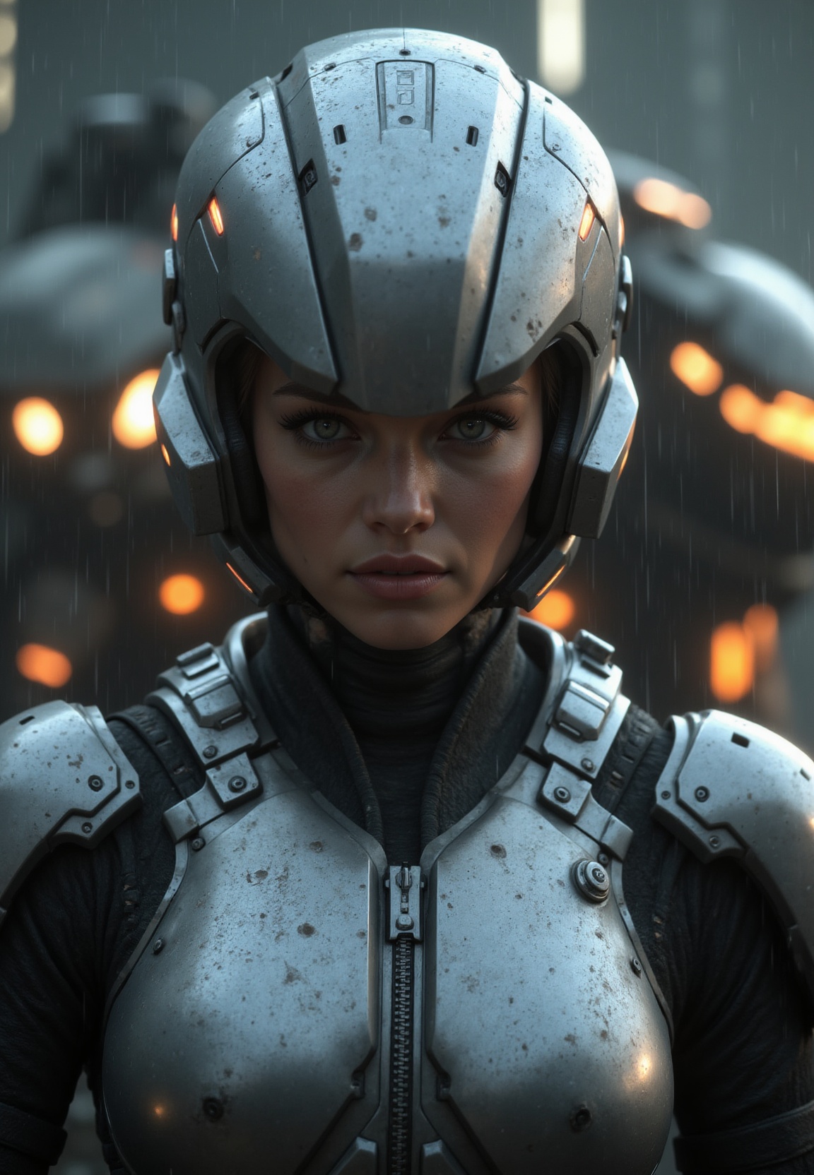 cinematic film still portrait of a solo female mech pilot standing in front of her ,  scifi armor,  military base on Tenso...