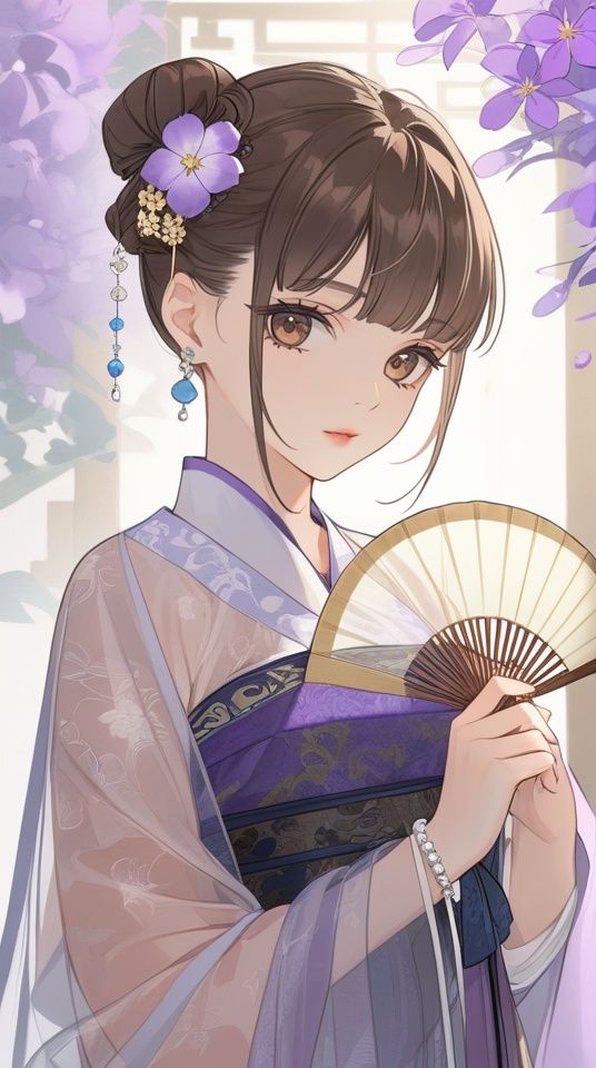 (best quality), ((masterpiece)), (highres), illustration, original, extremely detailed,<lora:Old wind:0.7>licg, 1girl, solo, flower, chinese clothes, hair bun, jewelry, holding, brown hair, bracelet, hair ornament, looking at viewer, purple flower, hanfu, hand fan, long sleeves, brown eyes, see-through, hair flower, bangs, upper body