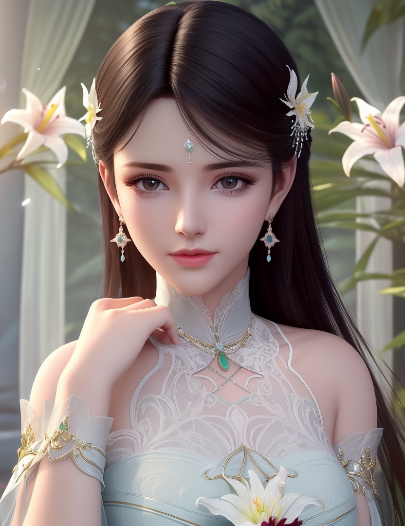 ultra realistic 8k cg, picture-perfect face, flawless, clean, masterpiece, professional artwork, famous artwork, cinematic lighting, cinematic bloom, perfect face, beautiful face, fantasy, dreamlike, unreal, science fiction,  beautiful clothes, lace, lace trim, lace-trimmed legwear,  (rich:1.4), prestige, luxury, jewelry, diamond, gold, pearl, gem, sapphire, ruby, emerald, intricate detail, delicate pattern, charming, alluring, seductive, erotic, enchanting, hair ornament, necklace, earrings, bracelet, armlet,halo((,1girl, pov,))(((,lily \(flower\),  1girl, spring_\(season\), solo,looking at viewer, ))) <lora:DA_XiaoXunEr:0.6>
