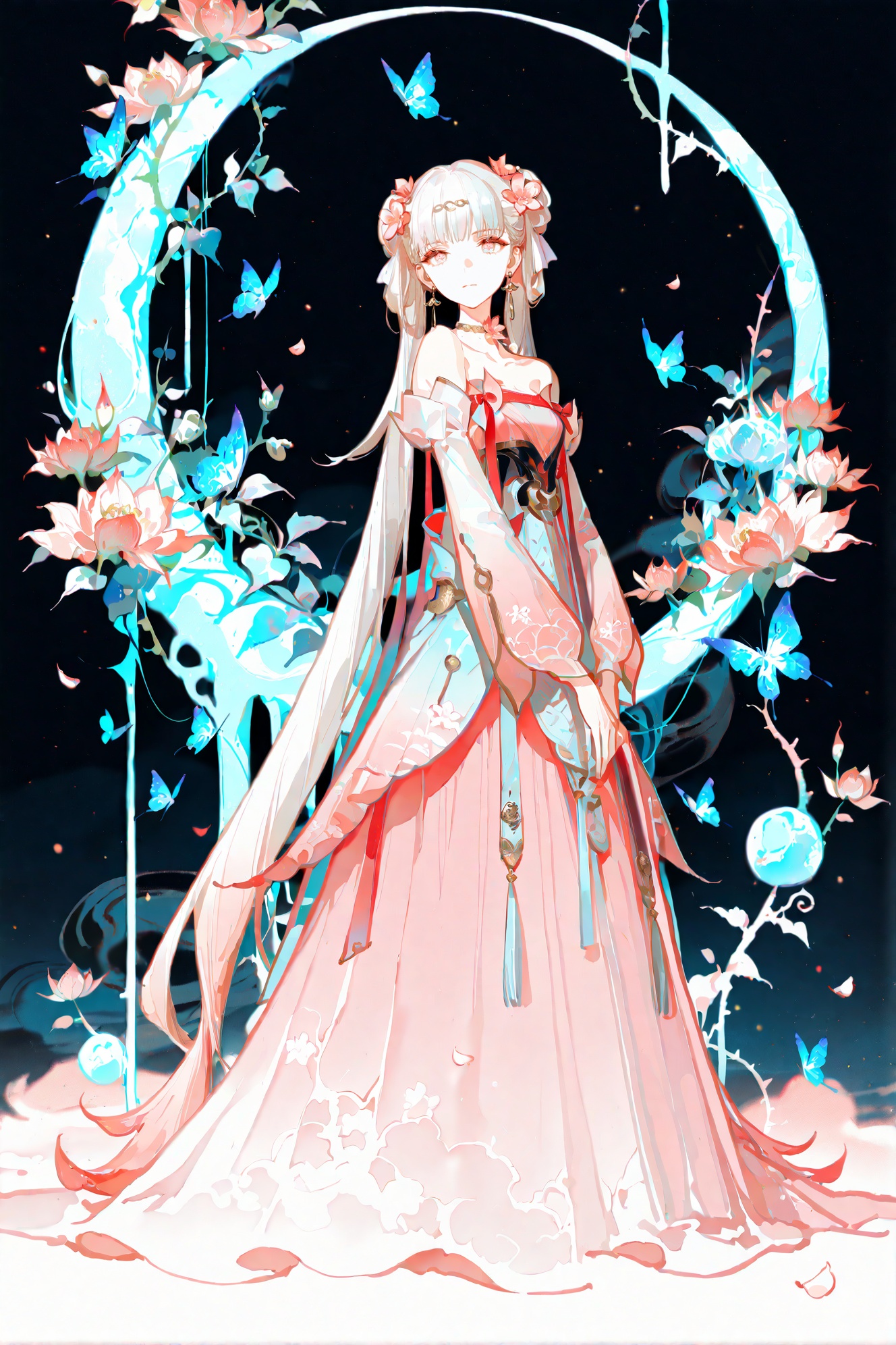 masterpiece,best quality,Good quality,very aesthetic,absurdres,newest,1girl,by rella,solo,long_hair,long_sleeves,dress,closed_mouth,full_body,expressionless,moon,plant,bug,butterfly,limited_palette,vines,two-sided_fabric,blue_butterfly,looking_at_viewer,<lora:ponyv6_noobV1_2_adamW-000017:0.8>,<lora:USNR_STYLE_XL_lokr:1>,<lora:jxnew-noob-Tanger-000014:0.8>,jinhsi,jinhsi \(peach blossom\) \(wuthering waves\),(clothes:peach blossom pink dress,alternate costume,bare shoulders:1.2),flower-shaped pupils,1girl,hair ornament,hair flower,twintails,bangs,jewelry,very long hair,