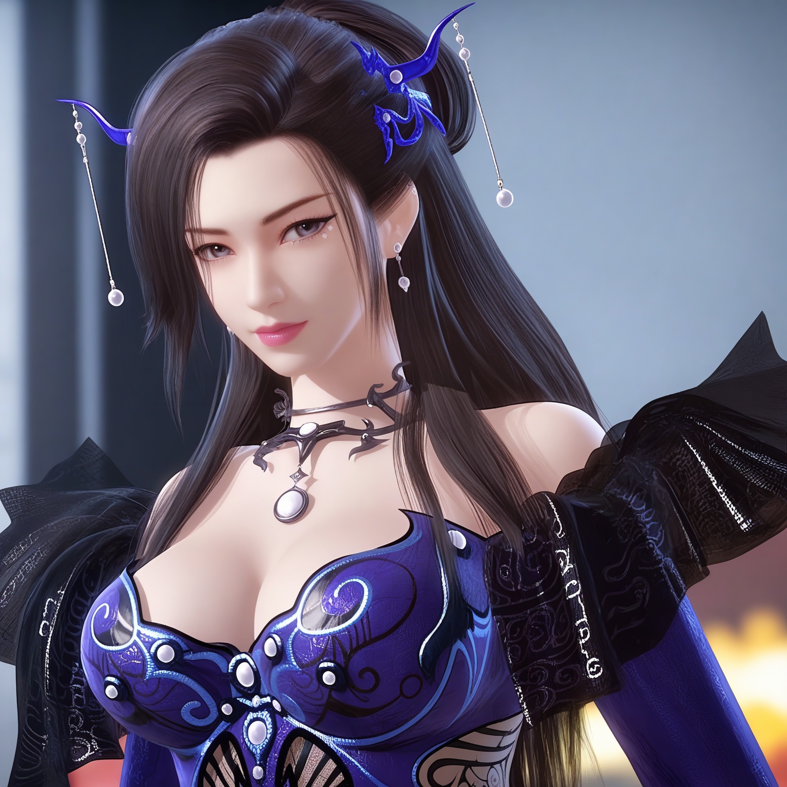 (upper_body:1.1),(huge breasts:0.9),88.<lora:YQpony潮女妖V2:0.8>,(q1528437228:1.3),1girl,solo,long_hair,jewelry,black_hair,earrings,hair_ornament,necklace,dress,brown_hair,blue_dress,detached_sleeves,purple_dress,lipstick,hair_bun,black_eyes,choker,realistic,grey_eyes,mole,gloves,mole_under_eye,wide_sleeves,long_sleeves,armor,,blush,(looking_at_viewer:1.1),BREAKintricate details,shiny_skin,solo focus,(blurry background:1.1),(depth of field:1.1),perfect_anatomy,(cinematic lighting:0.9),(volumetric lighting:0.9),(simple background,pure black background,black background:1.1),