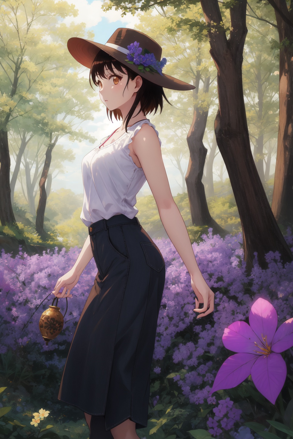 <lora:Kosaki-000013:0.8>,Kosaki CYQL,1girl,looking at viewer,solo,brown hair,short hair,asymmetrical hair,brown eyes,Wide-brim hat, **** top, palazzo pants, sandals,evil smile,profile,Forest, Bluebells, Trees, Flowers, Spring, Colors, Serenity, Beauty,(Enchanted trees, Fireflies, Glowworms, Magic atmosphere, Twilight hues, Whispers of the forest:0.5),beautiful detailed sky,beautiful detailed glow,posing in front of a colorful and dynamic background,masterpiece,best quality,beautiful and aesthetic,contrapposto,female focus,wallpaper,