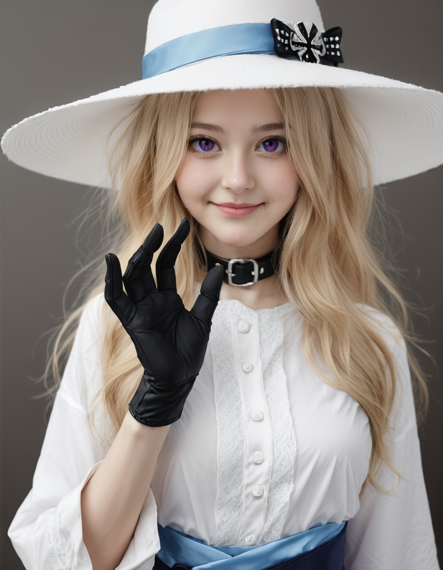 masterpiece,soft lighting,best quality,amazing quality,very aesthetic,newest,absurdres,1girl,black collar,black gloves,blonde hair,blue sash,blurry foreground,closed mouth,collar,gloves,hair ornament,hand up,hat,long hair,looking at viewer,purple eyes,sash,shirt,smile,solo,white hat,white shirt,x hair ornament,realistic，photorealistic，