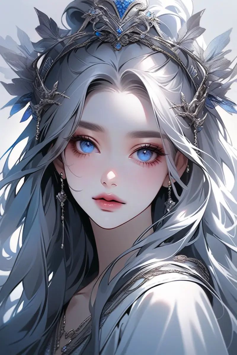 hyper-realistic portrait of a mysterious woman with flowing silver hair,  piercing blue eyes,  and a delicate floral crown...
