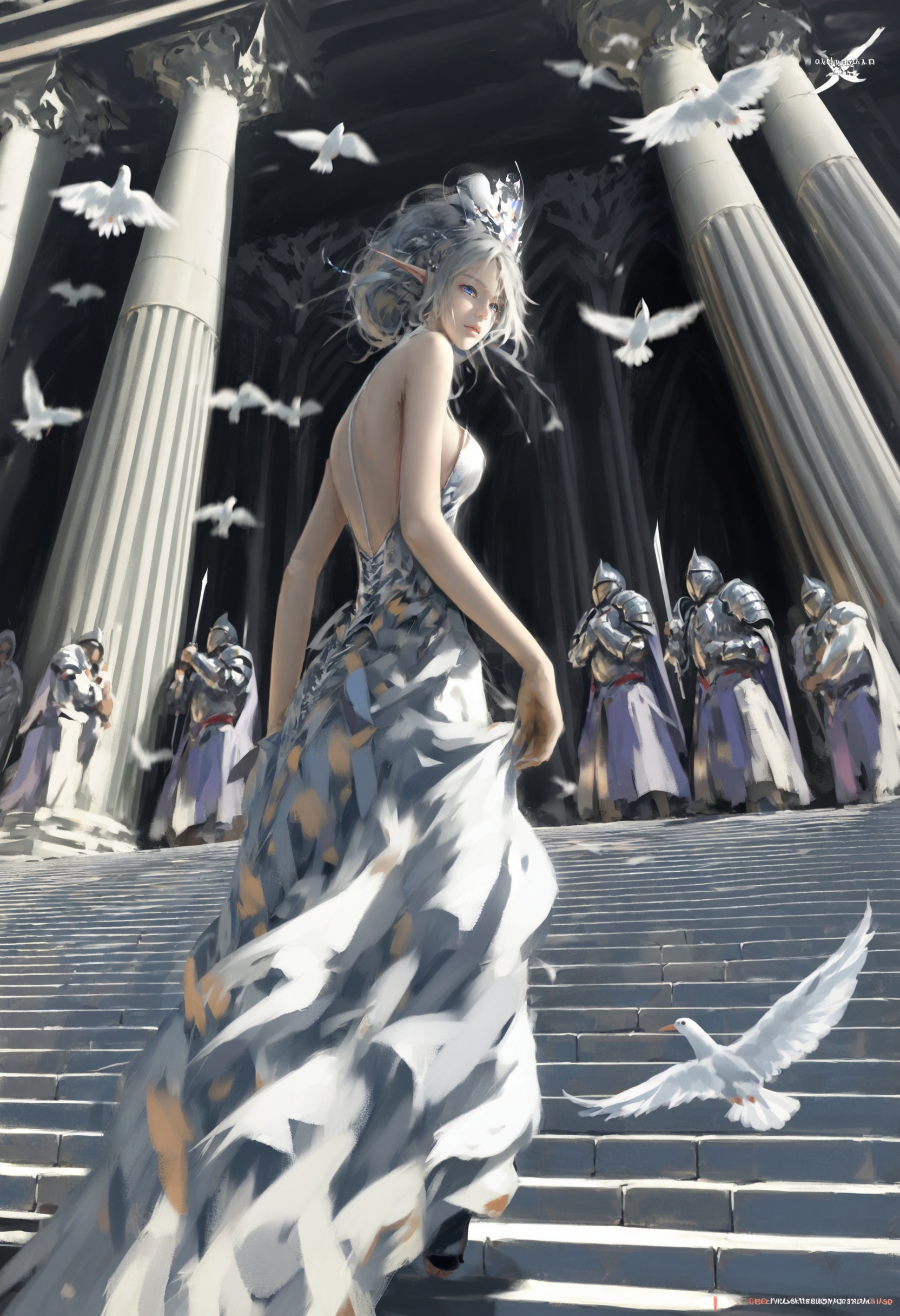 masterpiece, best quality,1girl, 6+boys, multiple boys,   pillar, bird, dress, dove, column, weapon, stairs, polearm, armor, backless outfit, watermark, holding, sword, white dress, holding weapon, backless dress, bare shoulders, blue eyes, grey hair, breasts, looking at viewer, holding sword, black pantyhose, yandere, pantyhose, lance, white hair, blonde hair, hat, green eyes, pointy ears, white bird, elf, helmet, lips, wavy hair, holding helmet, long hair, purple eyes <lora:wlopXLlokr4f-000187:0.95>