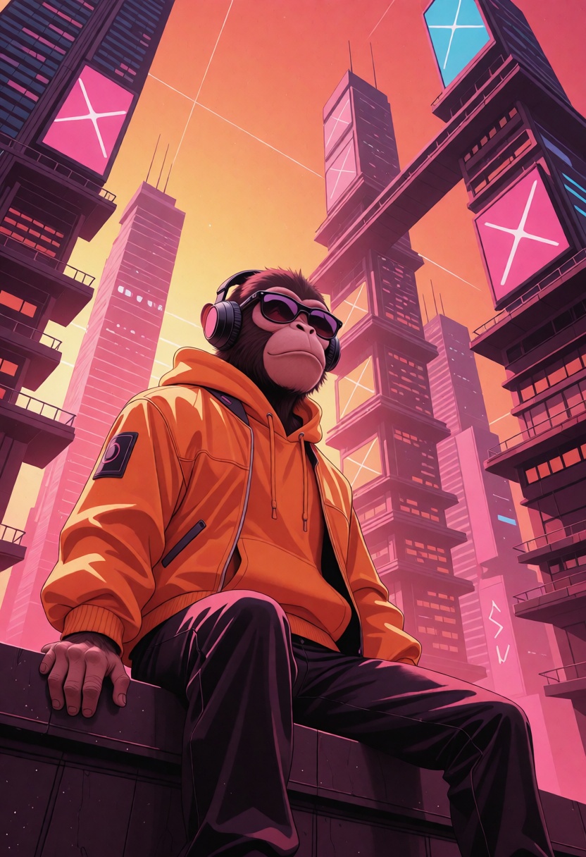 A stylized retro chimpanzee sits on the edge of a rooftop ledge in a futuristic megacity,  leaning forward in a relaxed bu...