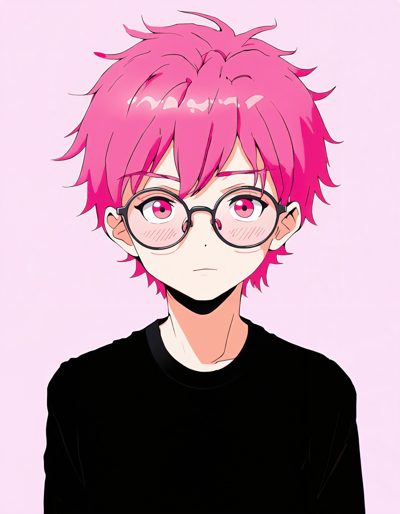 anime style,  anime boy with pink hair and glasses wearing a black t - shirt on a pink background on Tensor.Art