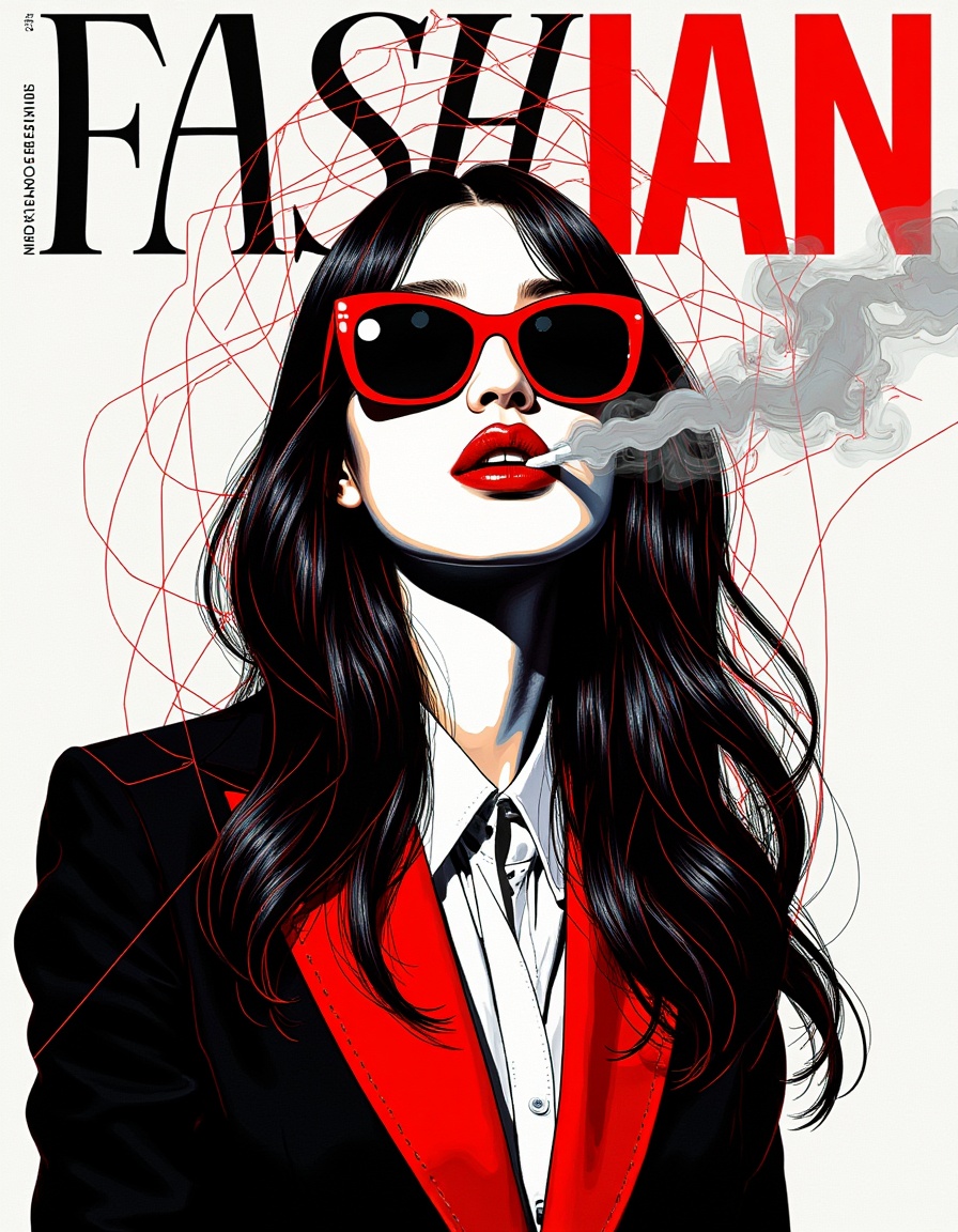 Geometric art style fashion magazine cover,exudes the breath of death,a smoking woman,standing in front of the cover of fashion magazine text,white cover text,decorated with gorgeous patterns and beautiful lines,delicate wait,deconstructed minimalist line graph. Fractal art effect. Dolce & Gabbana and Balenciaga haute couture (sunglasses),red lips,shirt,Blazer,long hair,