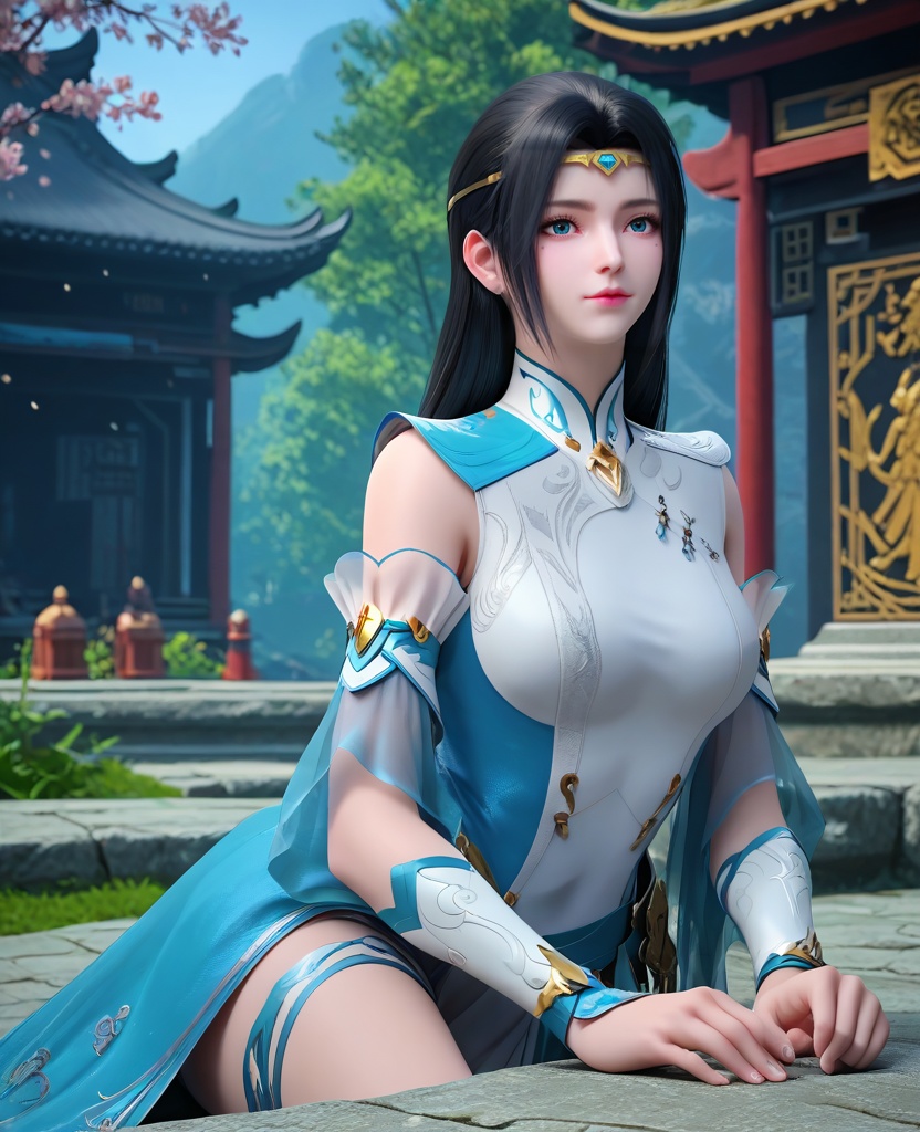 (oriental architecture, elegant decor, sophisticated style:1.1),Kneeling with one hand on the ground, looking like a noble warrior,,(breasts:1.2),<lora:XL16大主宰苏萱:0.95>,miss suxuan,layered aqua and white gown,blue eyes,mole under right eye,circlet,black hair,long hair,wide flowing sleeves,bracer,, zPDXL2, score_9, score_8_up, score_7_up BREAK realistic, masterpiece,best quality, highly detailed,, zPDXL3, zPDXL2,zPDXL, zPDXLxxx, zPDXLrl,