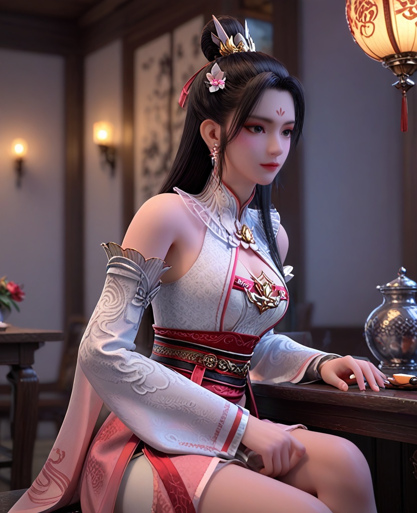 (oriental architecture, elegant decor, sophisticated style:1.1),(Sitting on a stool, legs crossed, with an artist's palette and brush, immersed in creativity,:1.1),(breasts:1.2),<lora:XL暗河传白鹤淮:0.9>,miss baihehuai,white dress,forehead mark,hair ornament,black hair,jewelry,detached sleeves,mesh print,black eyes,see-through detached collar,sash,pink overskirt,, score_9,score_8_up,score_7_up,score_6_up,score_5_up,score_4_up,3d rendering,tag1,tag2, Cinematic Lighting,backlighting,