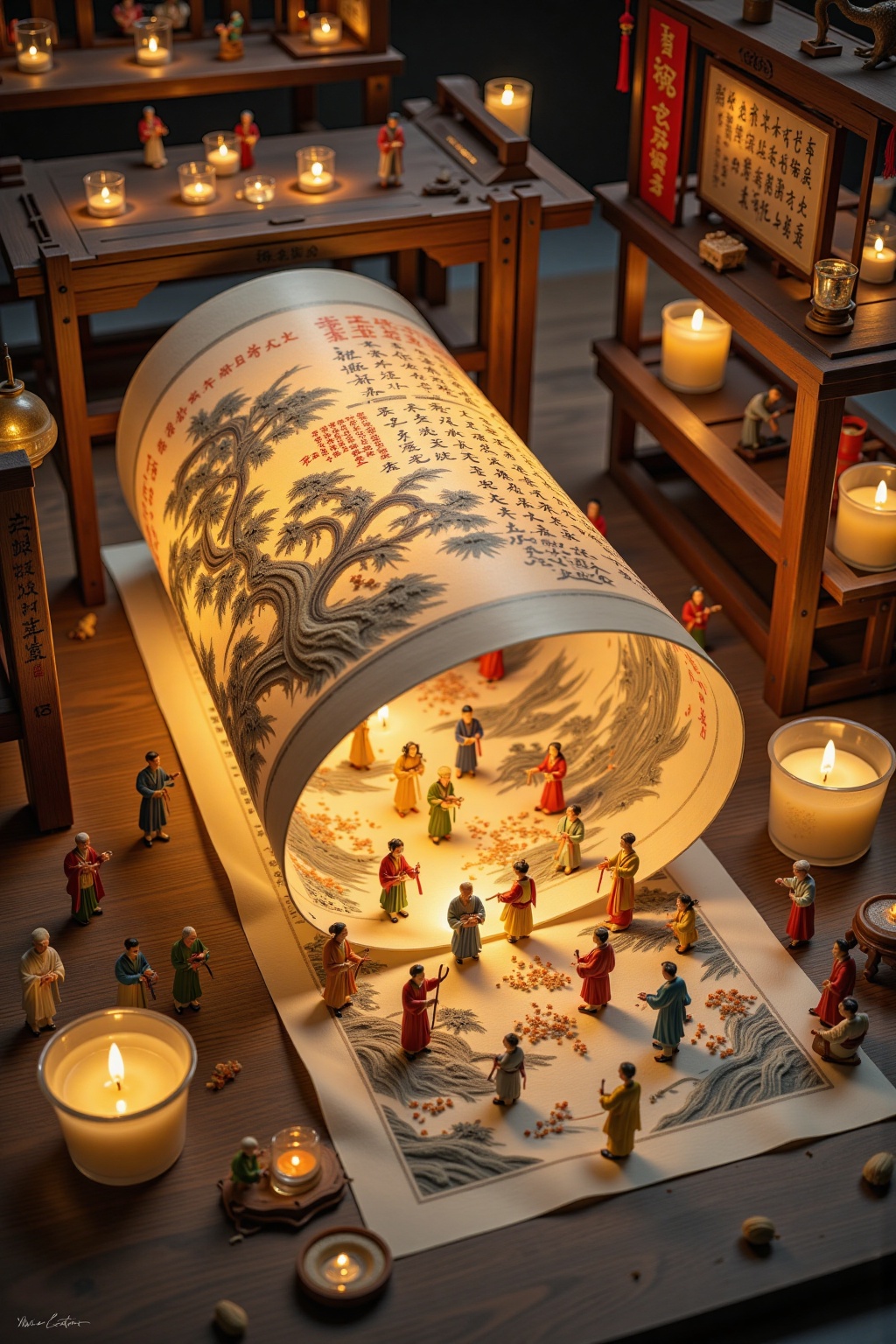 A work of art that combines ancient poetry and character scenes,where two ancient people travel into a painting and walk and talk under candlelight, The scroll is engraved with ancient poetry lines,combining Chinese style elements with realistic techniques to showcase the charm of Eastern aesthetics. A large paper tube is used as the visual center,surrounded by small dolls and candles to create an atmosphere,and lighting is used to illuminate specific areas,creating variations in depth and depth,