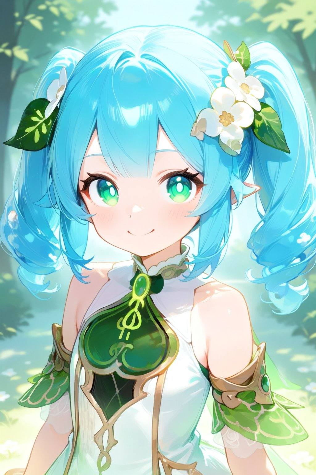 A highly detailed,  digital anime-style drawing of a cute,  fair-skinned girl with bright blue hair styled in twin ponytai...