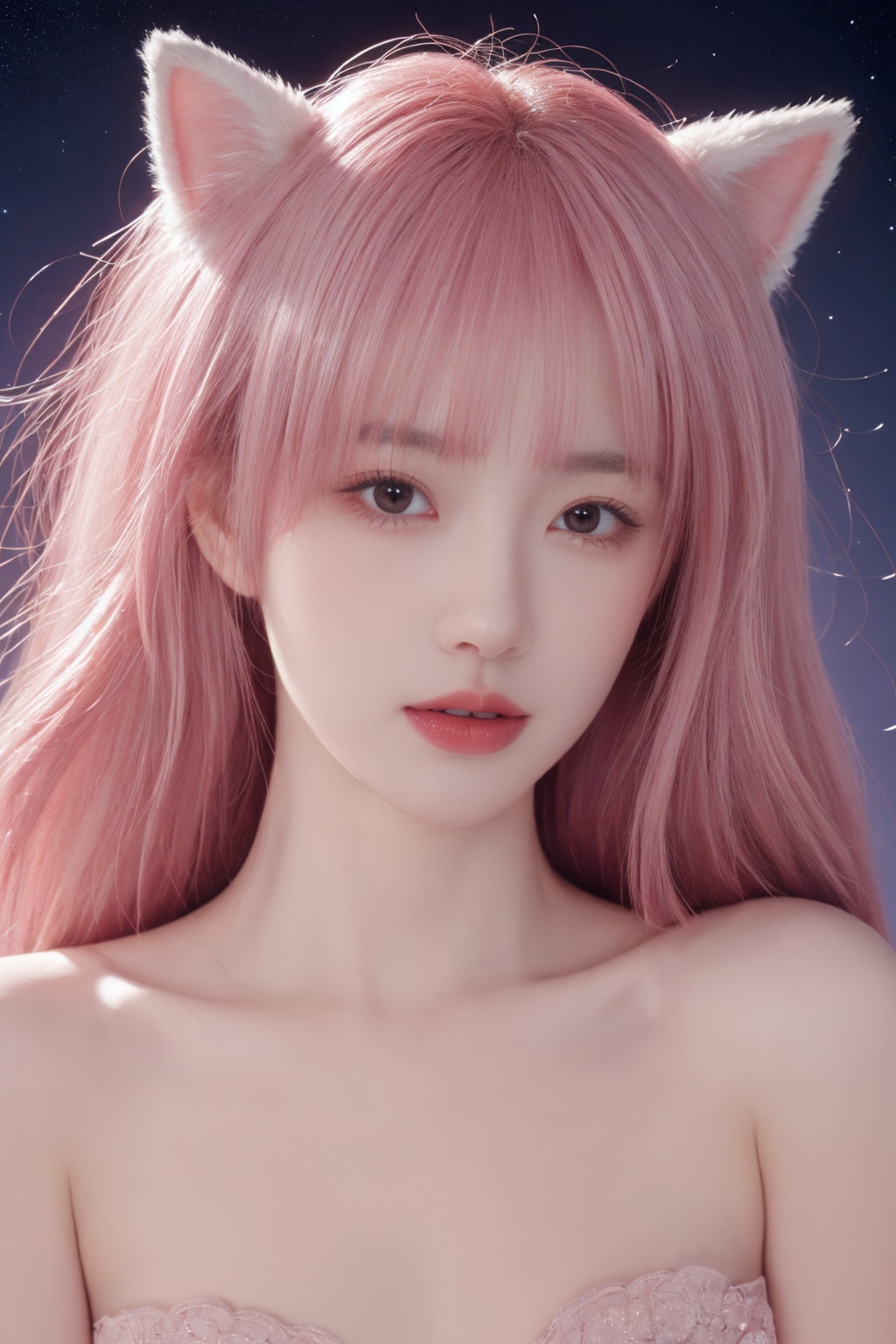 1 girl, fox ears, beautiful face, pink hair, pink lips, (seductive), backlight, starry sky<lora:girl_20231008111901:0.6>
