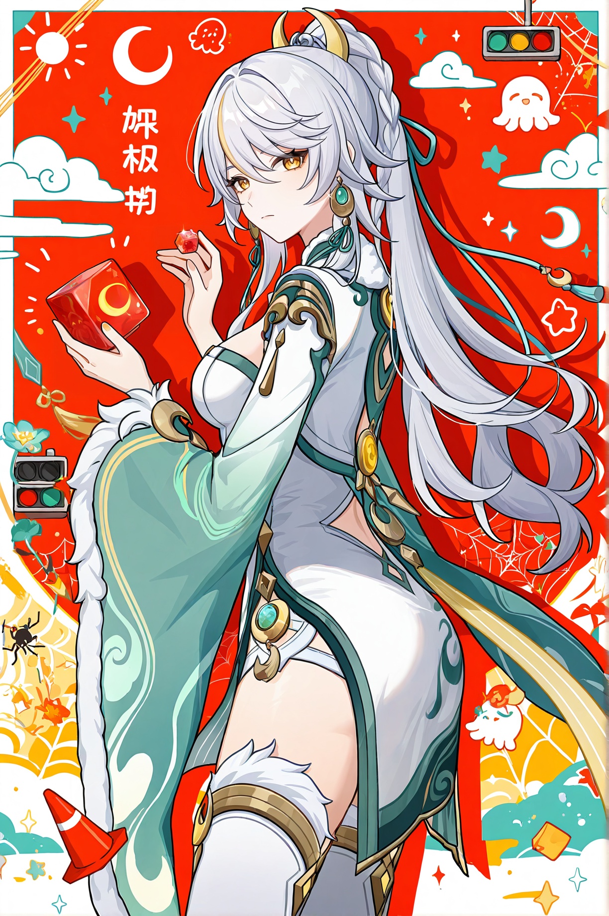 1girl,::,__artist__,year 2024,(drop shadow:1.4),(close-up:0.8),(shadow:1.2),(hands up:1.2),(border:1.2),(outside border:1.2),(hand up:1.2),(character name:1.2),from side,hand up,closed mouth,upper body,high contrast,holding cup,frown,looking at another,looking at viewer,rope,portrait,drop shadow,sparkle,^ ^,flag,moon,bug,notice lines,cloud,spider,traffic cone,star \(symbol\),circle,silk,traffic light,arrow \(symbol\),spider web,red theme,sun,cube,crescent moon,flower,sunlight,colorful,very awa,masterpiece,best quality,newest,highres,absurdres,chibi octopus,from behind,ass,looking back,<lora:zibai-will-Tanger-000014:0.7>,zibai \(Genshin Impact\),clothes: zibai def white dress,1girl,long hair,breasts,fur-trimmed white highhighs,yellow eyes,wide sleeves,