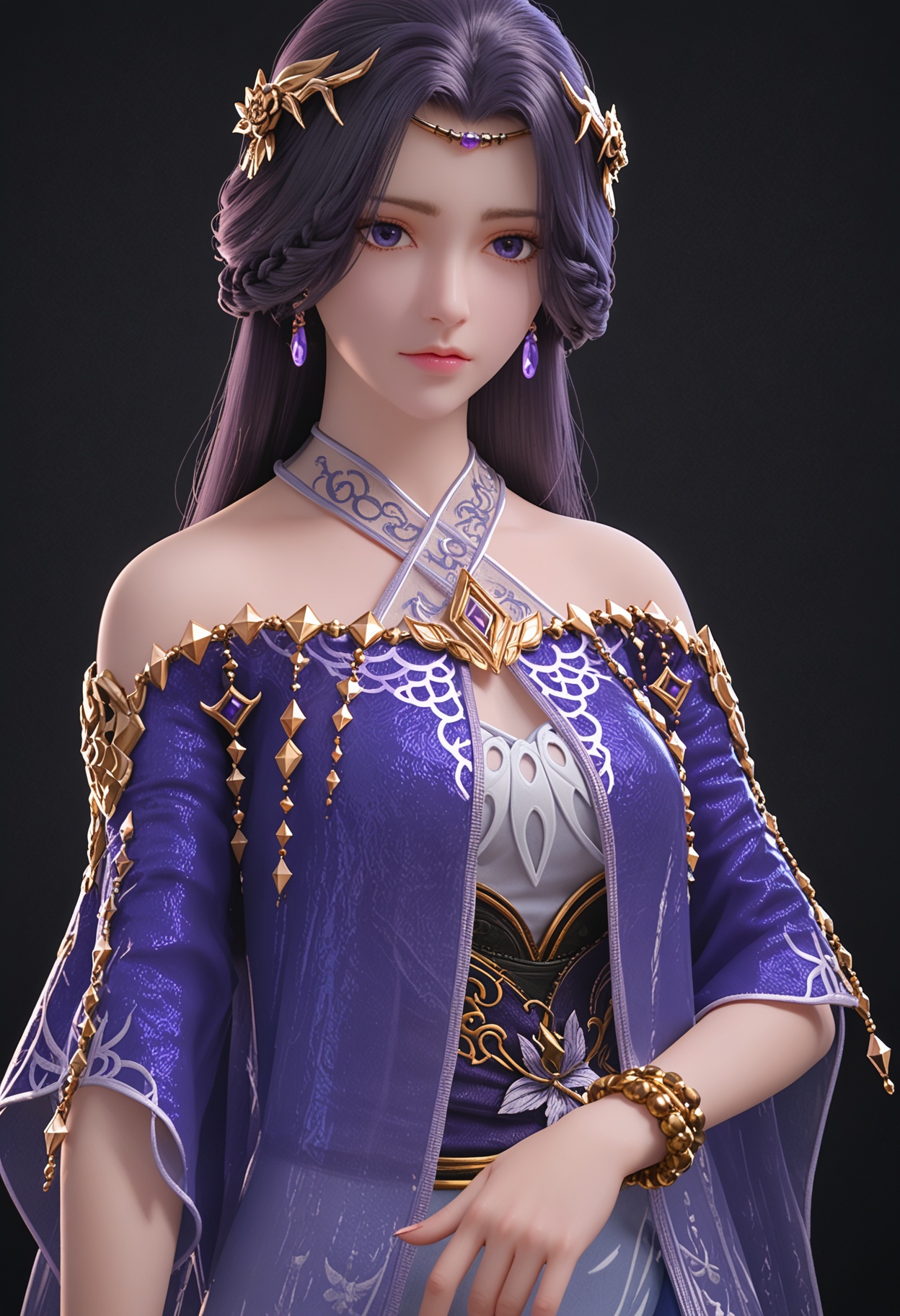 perfect_anatomy,score_9,(upper_body:1.1),looking_at_viewer,<lora:YQV7_pony_yunxi_shaonv_V6:0.8>,1girl,q1528437228,solo,long hair,dress,jewelry,black hair,hair ornament,bare shoulders,earrings,purple eyes,braid,purple dress,bracelet,realistic,blue dress,circlet,purple hair,anklet,criss-cross halter,halterneck,perfect_anatomy BREAK perfect_anatomy,simple background,black background,(shiny_skin),(Ivory_skin:1.1),(cinematic lighting),
