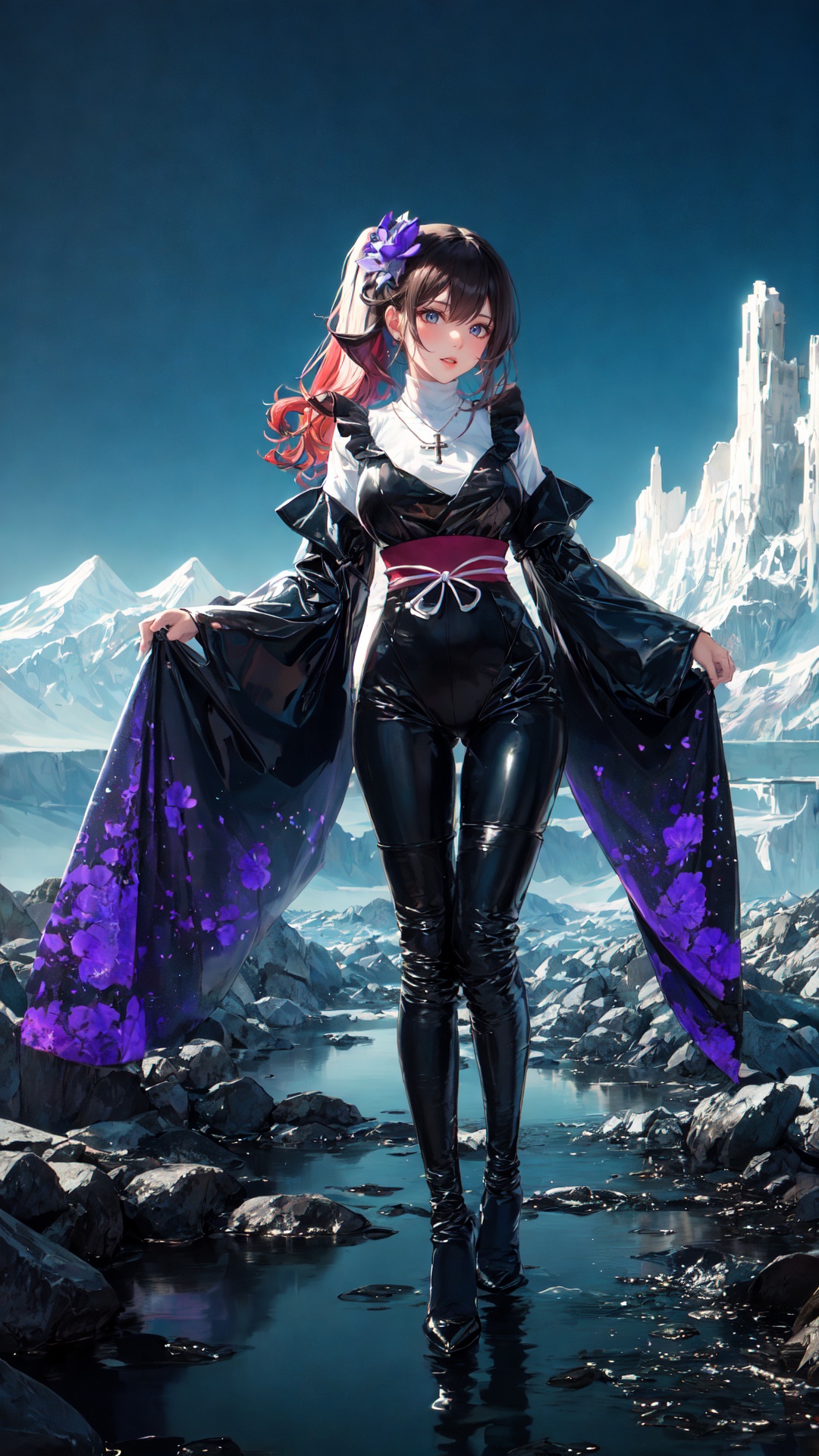 tutututu, nun,cross necklace, latex bodysuit, shiny clothes,thigh_boots,High Quality, Masterpiece,  aesthetic, 8k unreal engine photorealism, ethereal lighting, purple, nighttime, darkness, surreal art, fantasy, glowing, night, (dark environment), Nakiri Ayame, long hair, side ponytail, AyameNewYears, red kimono, floral print, hair flower, sash, wide sleeves, white background, scenery, ink, mountains, water, trees, full body, Unleash a spectrum of colors in a frenetic display, with energetic brushstrokes, splattering paints, and wild color combinations colliding in a truly chaotic manner, <lora:tutu修女:0.7>
