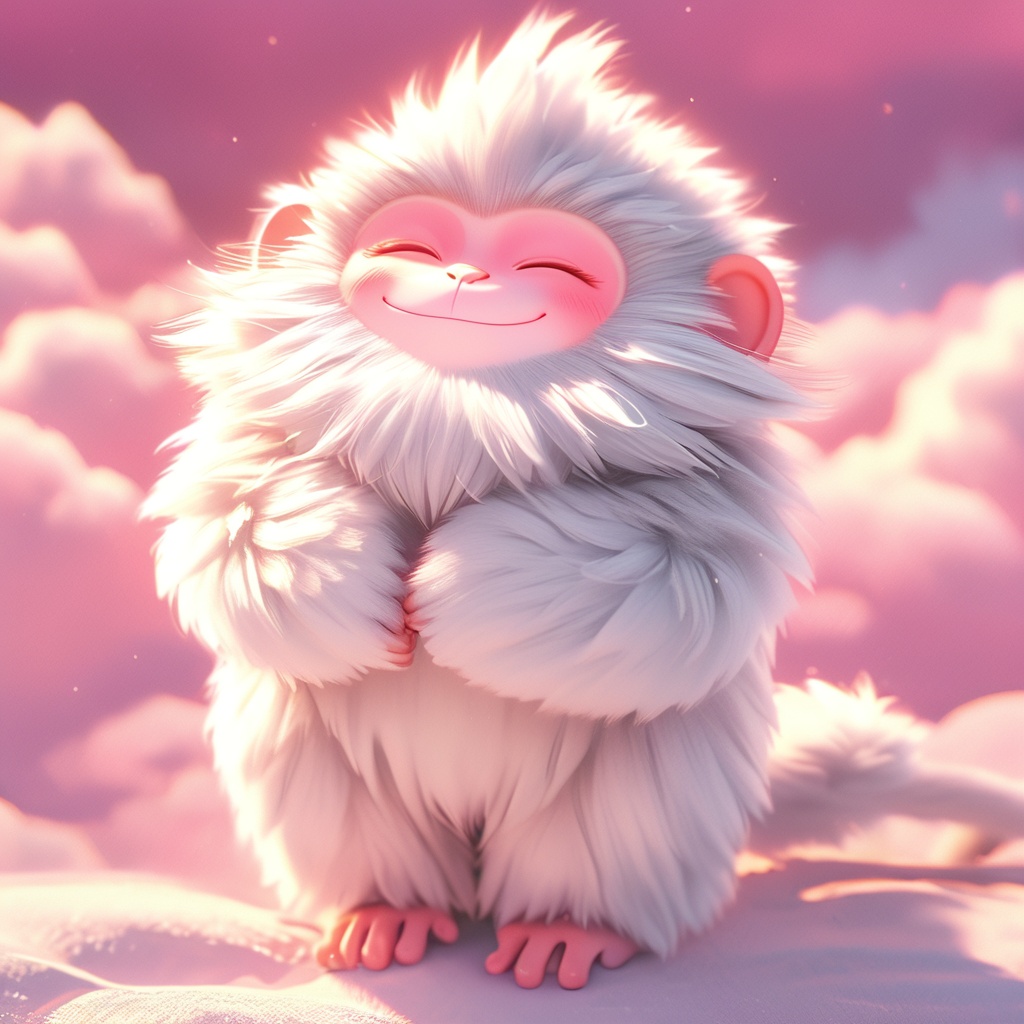 shenhou, monkey, fluffy, sunlight, light particles, whiskers, cute, cc-color-correction, mf-movie-filter, warm colors, whimsy and dramatic lighting, white fur, soft lighting, monkey focus, no humans, closed eyes, outdoors, full body, closed mouth, cloud, blush, standing, smile, blurry, sky, facing viewer, pink theme,<lora:shenhou_xl:0.8>,