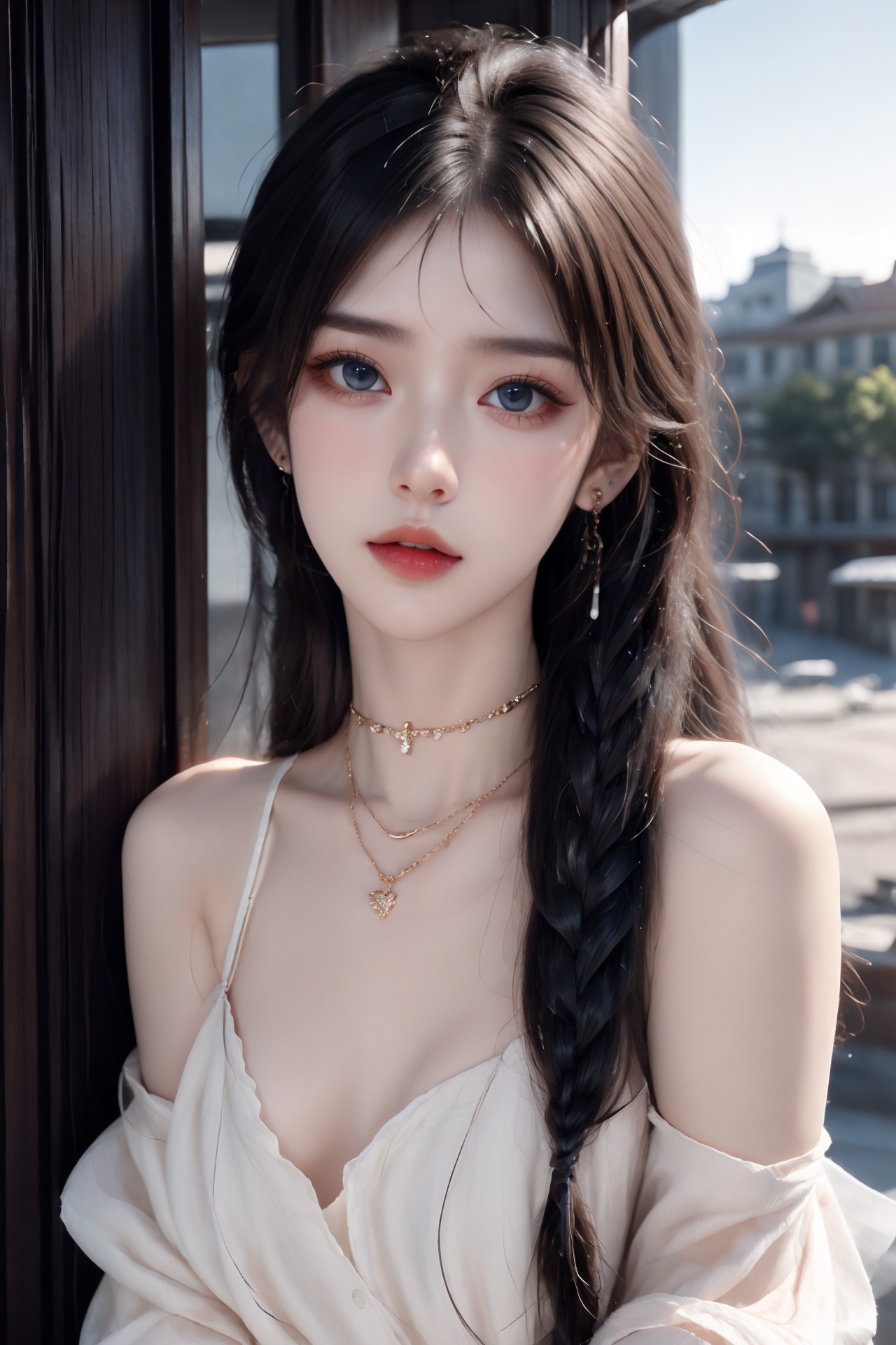 1girl, artist name, bare shoulders, blue eyes, blue hair, blurry, blurry background, braid, breasts, building, choker, cleavage, depth of field, earrings, hair over shoulder, jewelry, long hair, looking at viewer, medium breasts, necklace, off shoulder, outdoors, parted lips, single braid, solo, sunset, upper body  <lora:1:1>