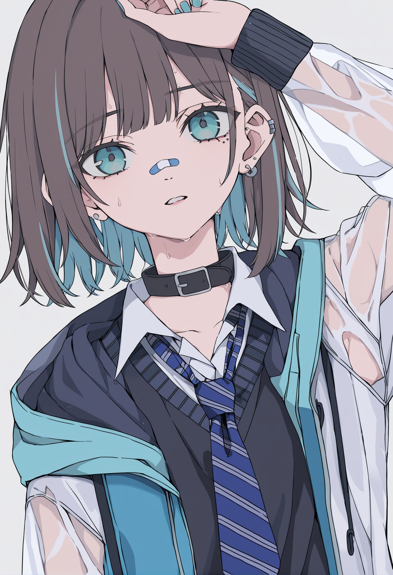 masterpiece, best quality,1girl,   bandaid, bandaid on face, bandaid on nose, solo, necktie, hood, shirt, striped necktie, collar, jacket, upper body, parted lips, earrings, striped, white shirt, hood up, jewelry, brown hair, arm up, hooded jacket, bangs, collared shirt, black hair, wet, medium hair, multicolored hair, see-through, loose necktie, open clothes, long sleeves, aqua eyes, bandaid on hand, ear piercing, blue eyes, see-through jacket, piercing, streaked hair, simple background, hickey, blue nails, eyebrow piercing, nail polish, blue necktie, earclip, wet clothes, androgynous <lora:hakuhiruoeoeXLlokr-000056:1>