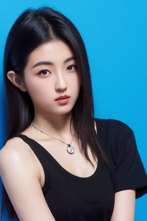 (masterpiece, top quality),best quality,fair skin,(extremely detailed face),((looking at viewer)),1girl,bare shoulders,black hair,black shirt,blue background,(full_shot),closed mouth,jacket,jewelry,lips,long hair,looking at viewer,necklace,parted lips,realistic,shirt,solo,no watermark,,<lora:zzf:1>