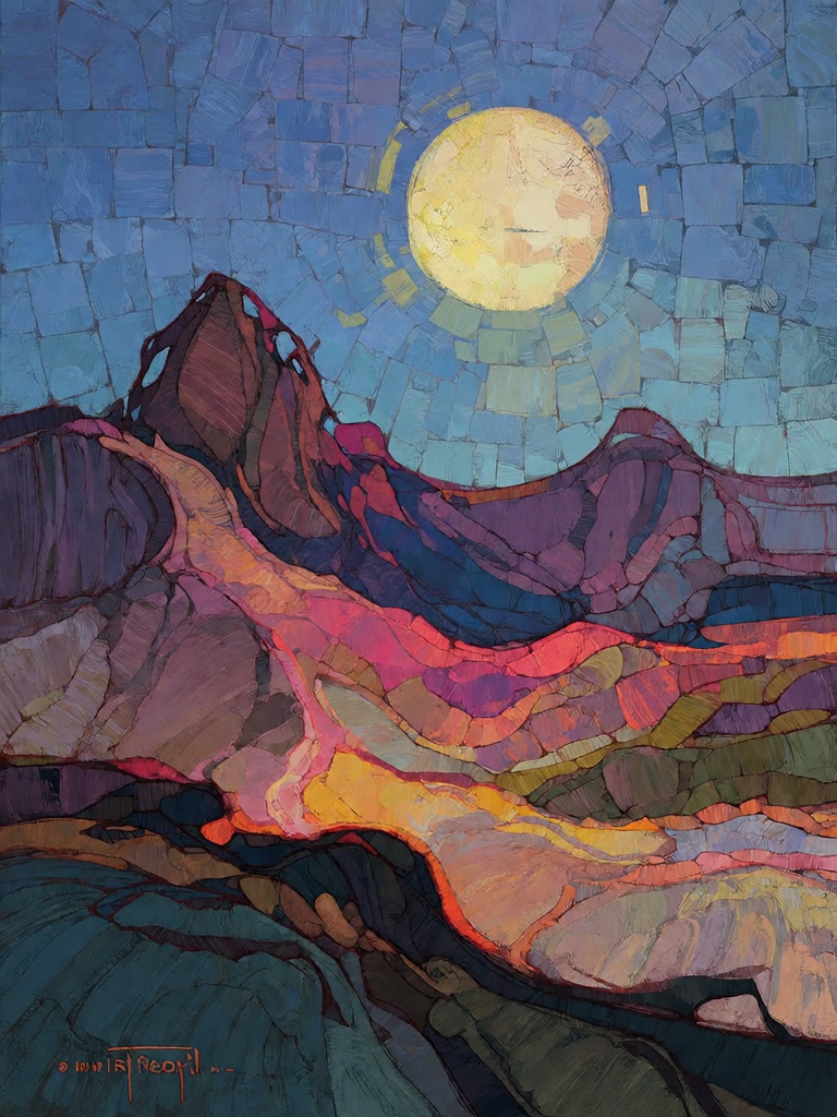 Bradhamel art style. A vibrant abstract painting of a mountainous landscape at twilight,  featuring layered,  flowing peak...