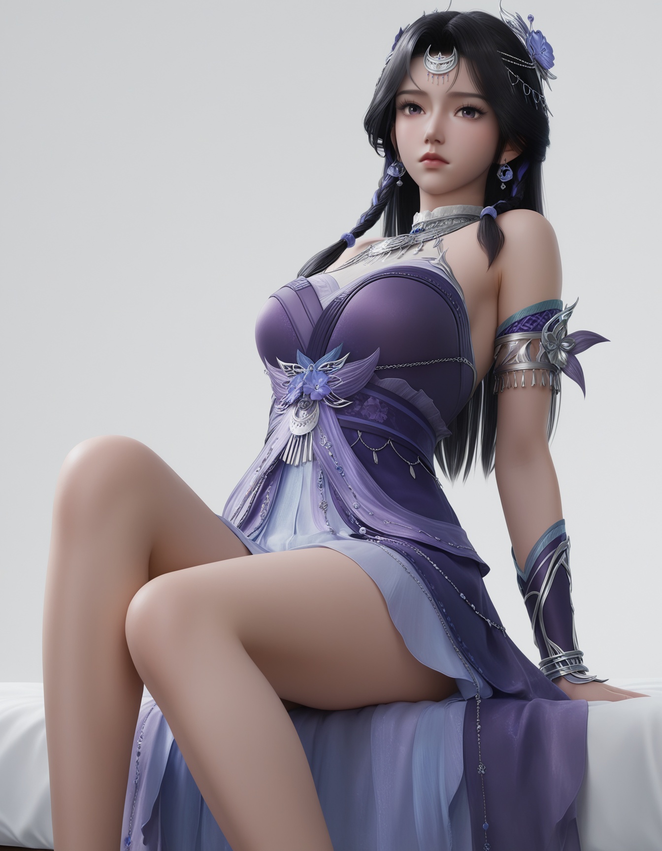 masterpiece,best quality,realistic,cinematic,detail eyes,(ultra-detailed),perfect composition,intricate details,absurdres,detailed face,high quality,high res,8K,<lora:X_ziling_xl_IL4.0:0.8>,black hair,purple eyes,1girl,long hair,breast,medium breast,hair_ornament,dress,simple background,white_background,bed,looking_at_viewer,sitting,sitting_on_bed,bare_legs,purple_dress,