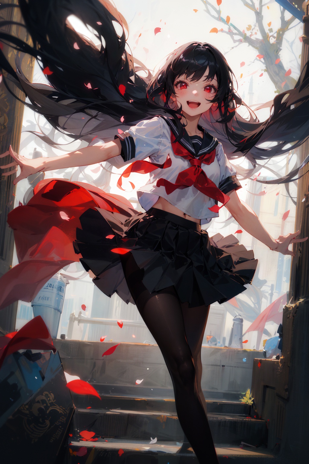 (best quality),((masterpiece)),(highres),illustration,original,extremely detailed,1girl,pantyhose,long hair,solo,school uniform,black hair,serafuku,skirt,black pantyhose,red eyes,petals,hime cut,smile,open mouth,very long hair,