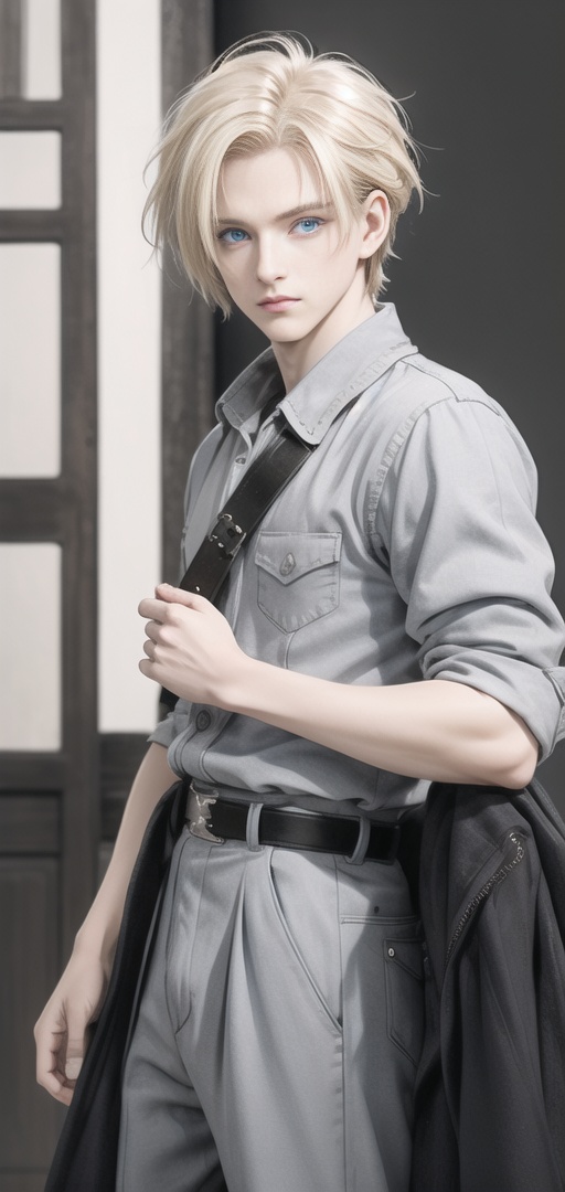 1 boy,solo,blonde hair,blue eyes,short hair,looking at viewer,android 18,