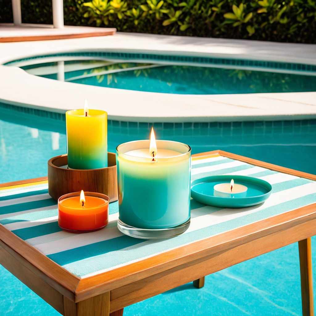 scenemidcepools,  a scented candle,  mid-century poolside cabana table on Tensor.Art