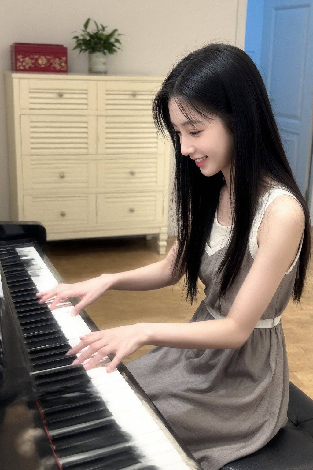 Photograph of an young woman with long straight black hair, wearing a sleeveless dress with a white trim. She is smiling. She was sitting on a chair, playing a black and white piano. Her hands are positioned on the keys, fingers gently pressing down. The background features a cream-colored, four-drawer cabinet with louvered doors, topped with a red decorative box and a small potted plant. The room has light-colored wooden flooring and a softly lit ambiance, with a blue-toned doorway visible in the far right background. The woman's expression is focused, and the overall scene conveys a calm, intimate musical moment.