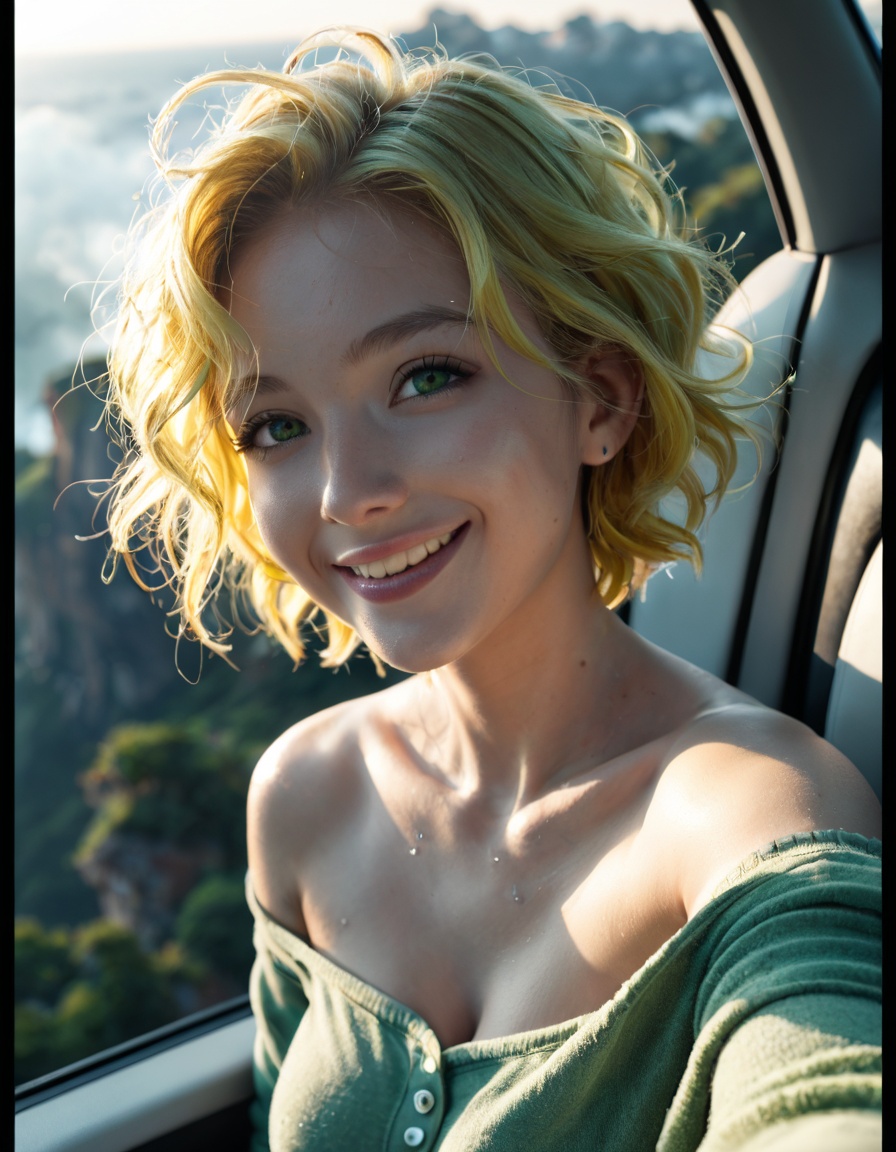 score_9,score_8_up,score_7_up,1girl,fluffy short hair,green theme,yellow hair,messy hair,film grain,fog,Tyndall,in the gardon,Looking Up,fisheye lens,selfie,surrounded by  cliff edge,offshoulder,soft light,rim light,beautiful shadow,low key,(cleavage:0.8),in the dark,film,polaroid,graininess,smile,cold,Grainy,